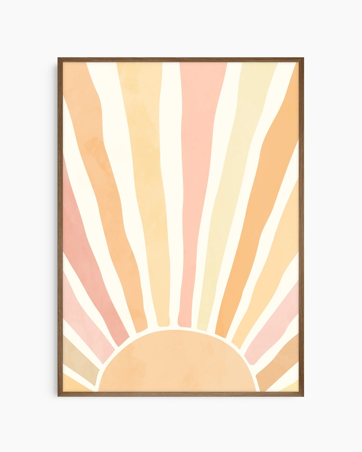 Barntavla med stiliserad sol som strålar uppåt i pastellfärger, inramad i mörk ekram för ett varmt och harmoniskt uttryck.