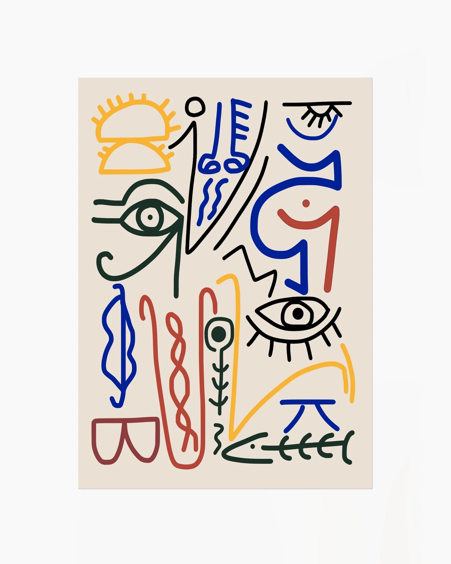 Barntavla med färgglada abstrakta symboler och dekorativa linjer på ljus bakgrund. En modern och lekfull illustration som passar perfekt i barnrummet.