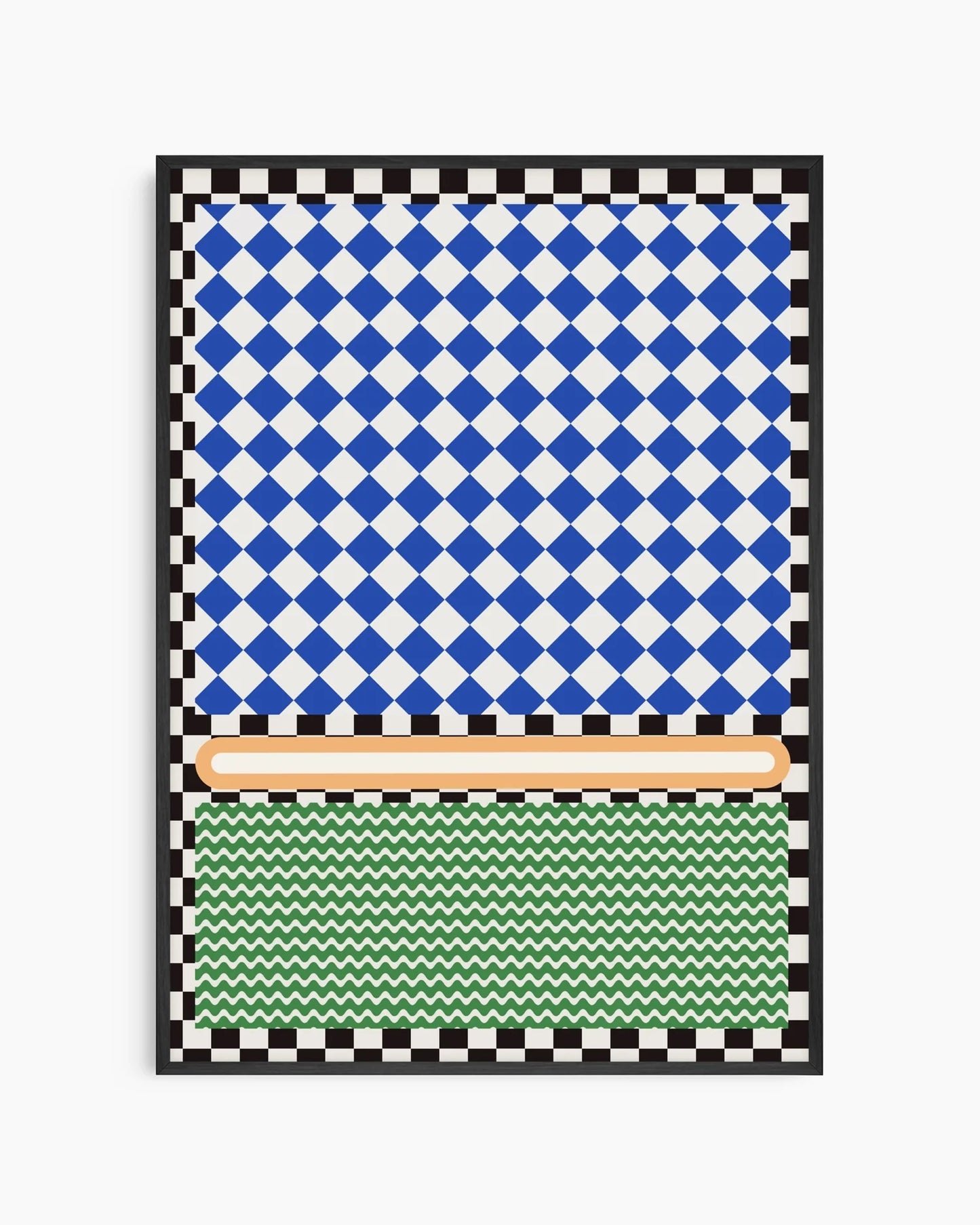 Barntavla med blått rutmönster, grönt vågmönster och svartvitrutig ram, inramad i svart träram för ett modernt och grafiskt uttryck.