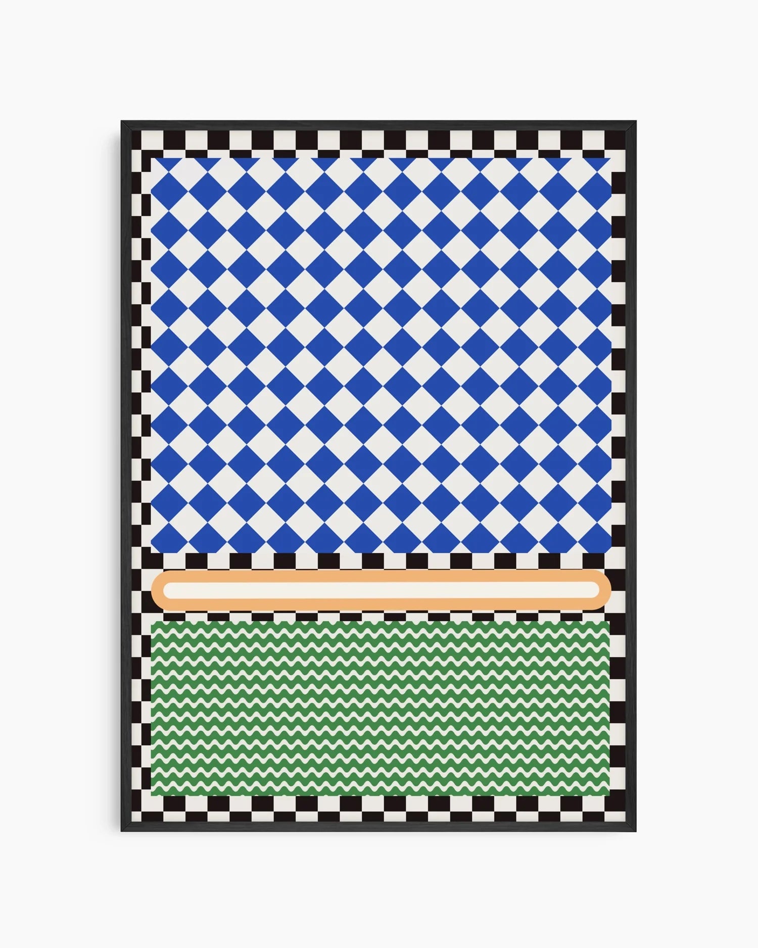 Barntavla med blått rutmönster, grönt vågmönster och svartvitrutig ram, inramad i svart träram för ett modernt och grafiskt uttryck.