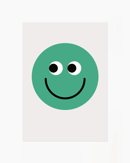 Barntavla med enkel och lekfull grön smiley på ljus bakgrund i modern grafisk stil.