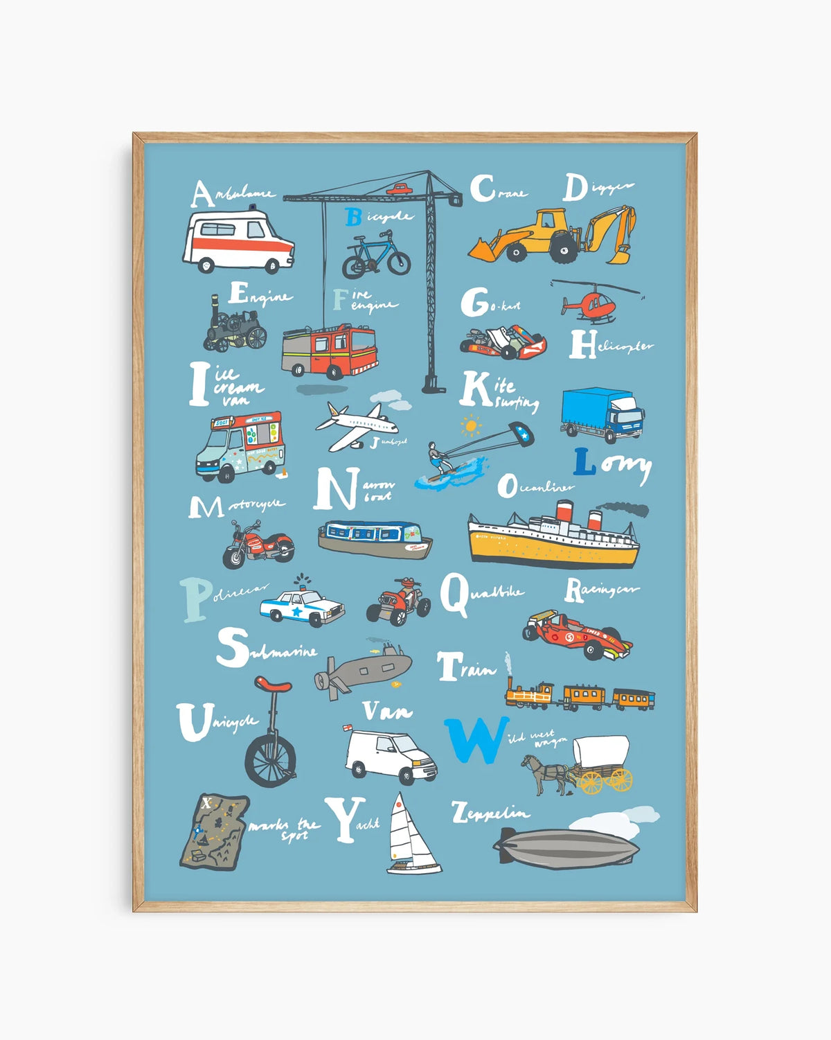 Barntavla med illustrerade fordon från A till Z och lekfull typografi på blå bakgrund, inramad i ekram. En stilren och fantasifull barnrumstavla för nyfikna små upptäckare.