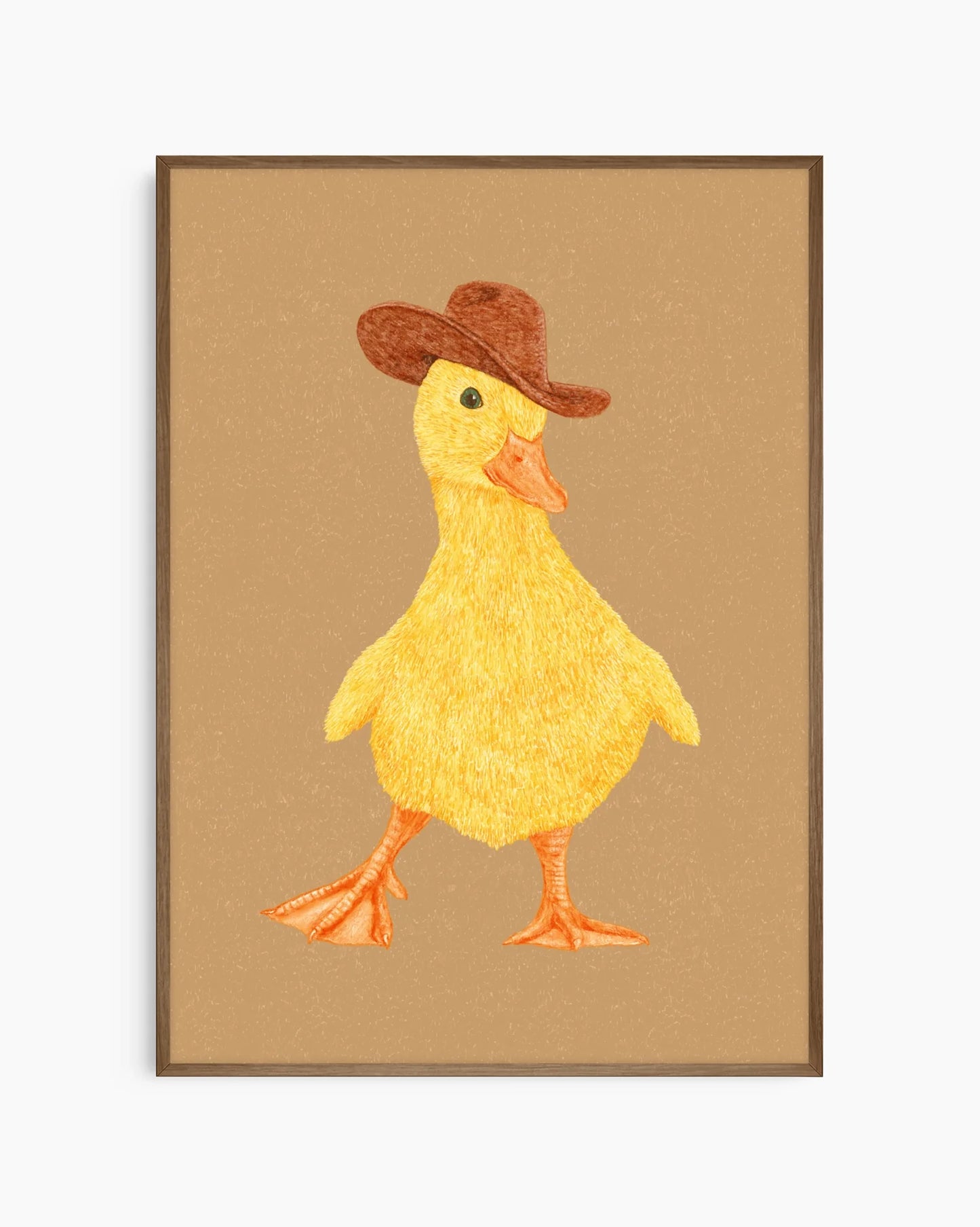 Barntavla med gul anka i cowboyhatt, inramad i mörk ekram som tillför värme och en rustik känsla.