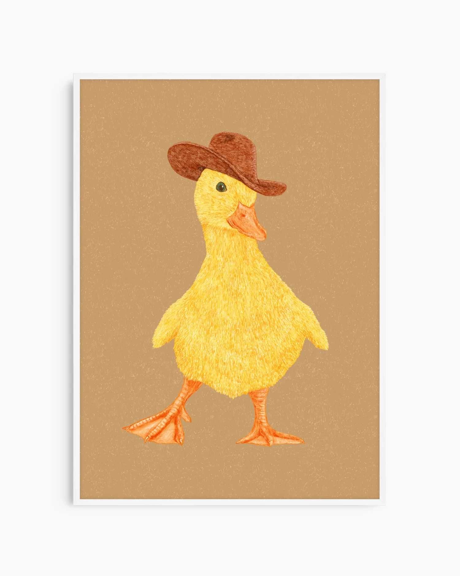Barntavla med charmig cowboy-anka, inramad i vit träram som lyfter de ljusa och lekfulla färgerna.