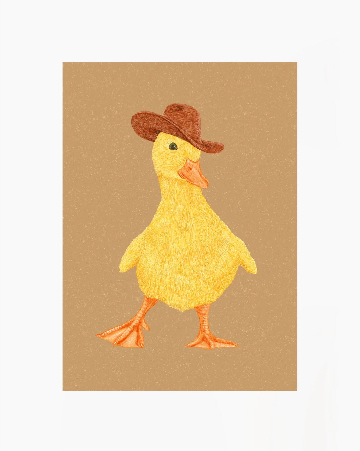 Barntavla med gul anka i cowboyhatt illustrerad mot beige bakgrund, i en varm och humoristisk stil.