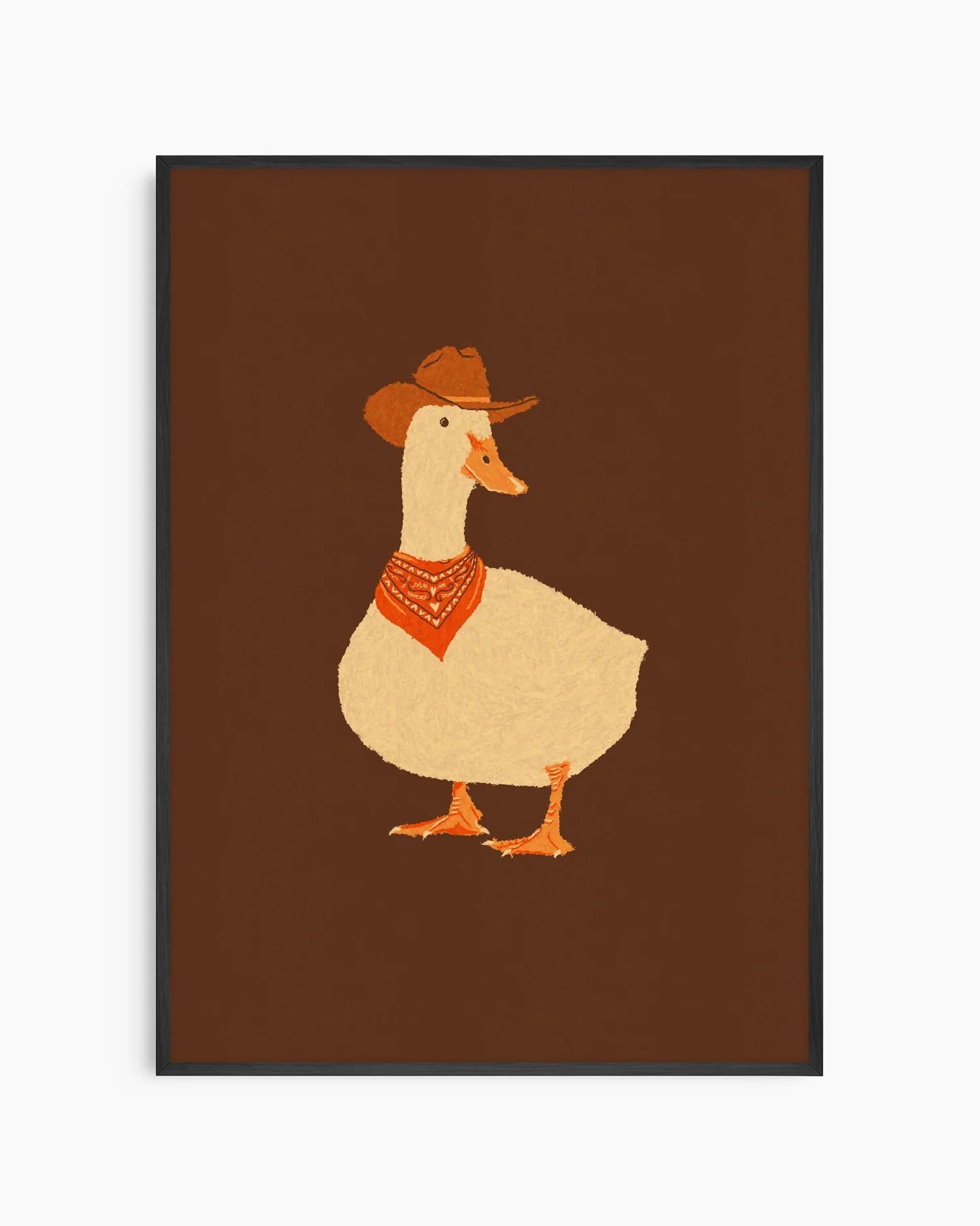 Illustration of a duck wearing a cowboy hat and bandana on a brown background