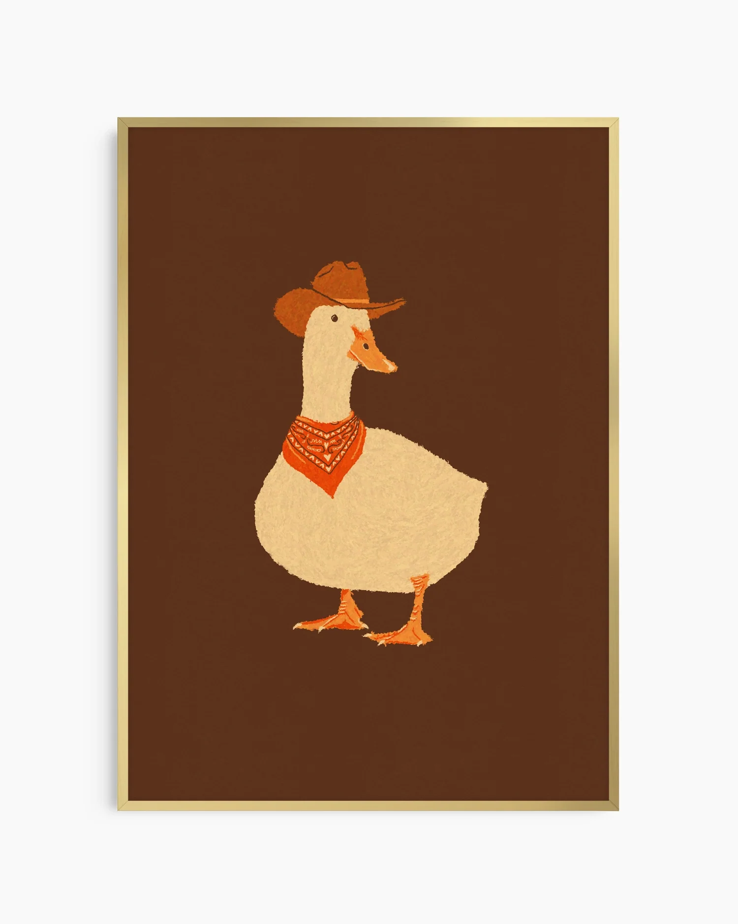 Framed artwork of a duck wearing a cowboy hat and bandana on a brown background