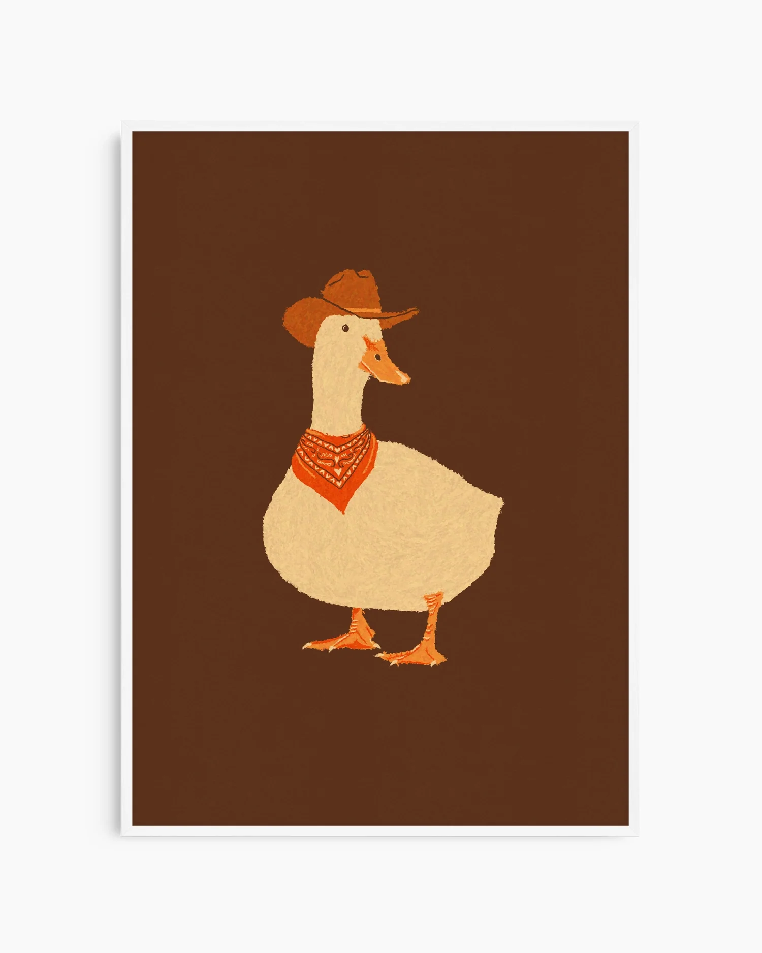 Illustration of a duck wearing a cowboy hat and bandana on a brown background