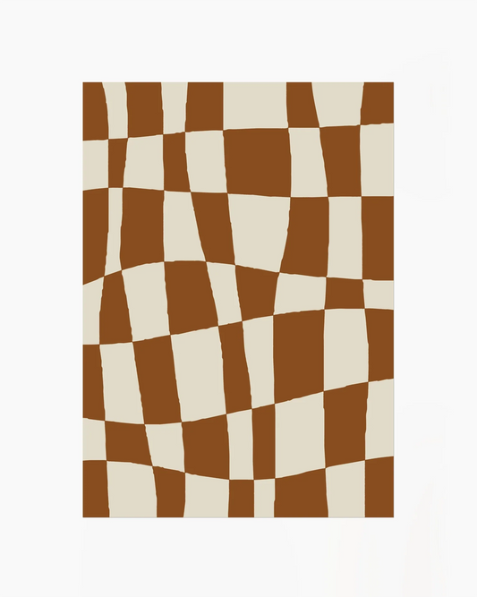 Barntavla med abstrakt rutmönster i brunt och beige med vågig form, perfekt som modern barnrumstavla utan ram.