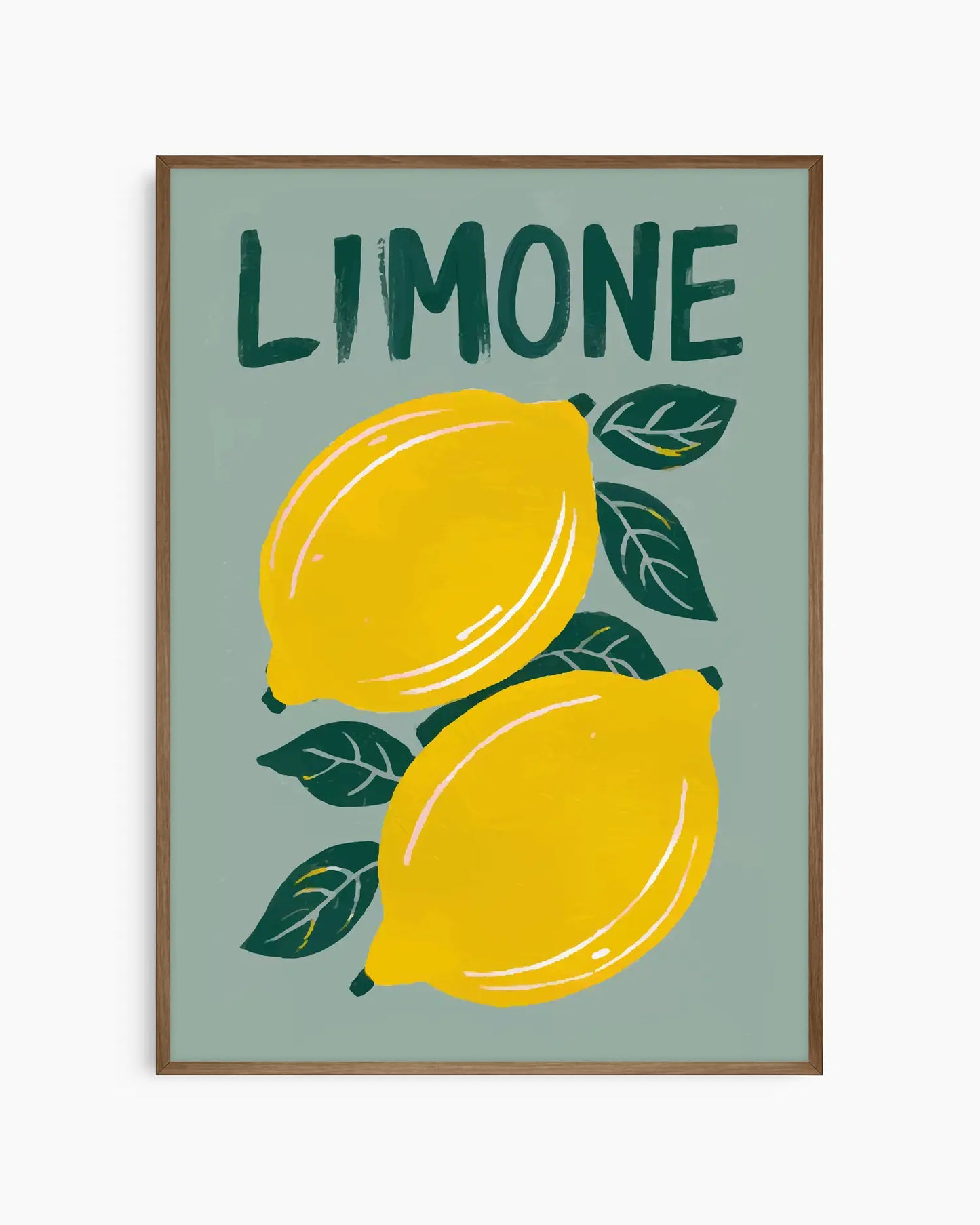"LIMONE" barntavla med två citroner och gröna blad på dämpad bakgrund, inramad i mörk träram. Ger ett varmt, naturligt intryck med en elegant kontrast.