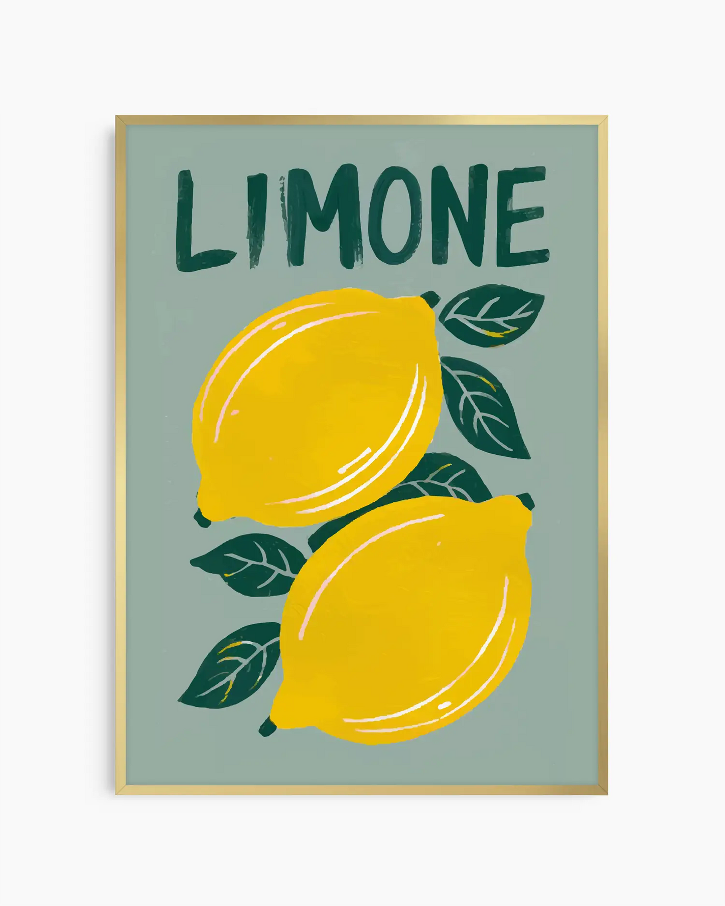 Barntavla med motiv av två citroner och texten "LIMONE", inramad i guld aluminiumram. En lekfull men sofistikerad detalj som tillför glädje och färg till barnrummet.