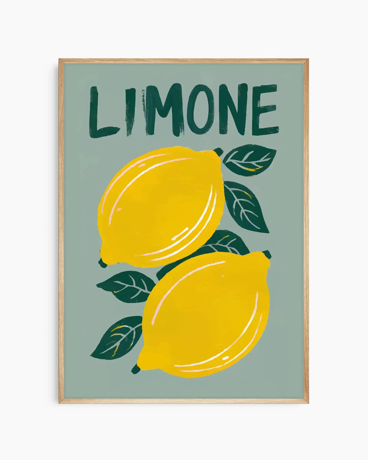 "LIMONE" barntavla med gula citroner och gröna blad, inramad i ekram. Den naturliga ramen framhäver motivets varma toner och ger en skandinavisk känsla.