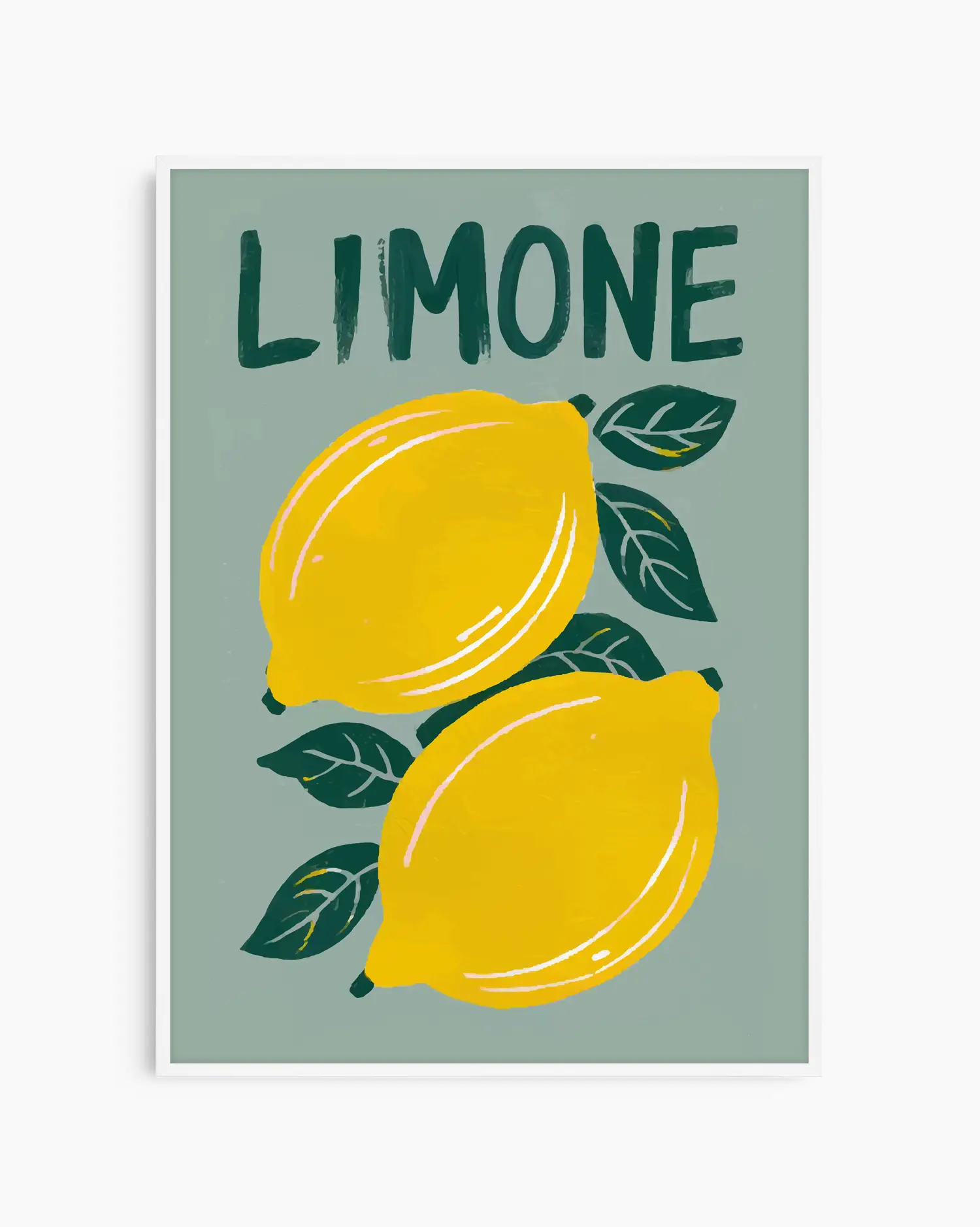 Barntavla med två citroner och texten "LIMONE", inramad i vit träram. Den ljusa ramen skapar ett fräscht och lekfullt uttryck som passar perfekt i barnrum och kök.