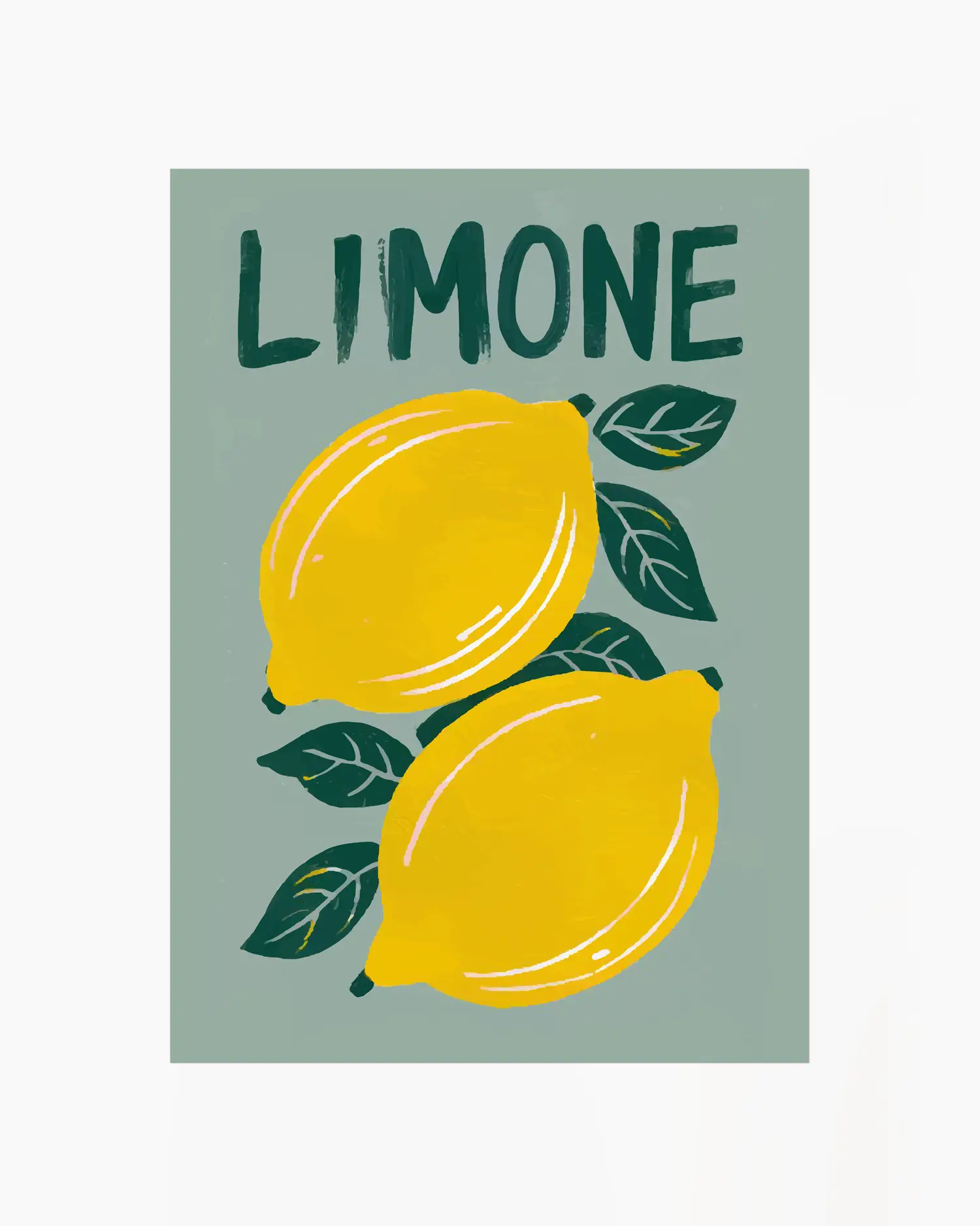 Barntavla med motiv av två citroner, gröna blad och texten "LIMONE" mot grågrön bakgrund. En livlig och charmig design som ger en touch av Italien till barnrummet.