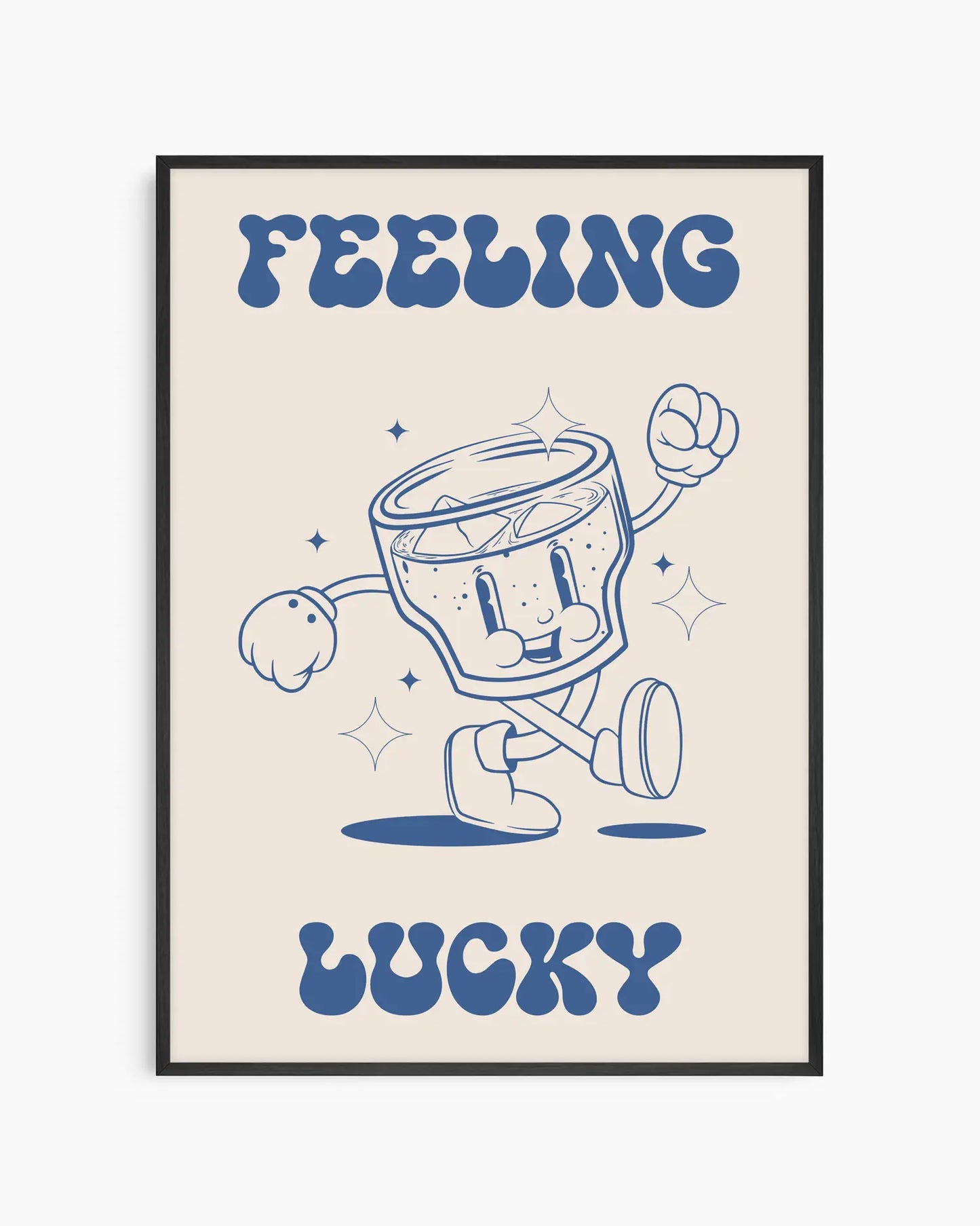 Inramad barntavla med retroillustrerad glad drinkfigur och texten "Feeling Lucky", omgiven av en svart träram som ger ett modernt uttryck.