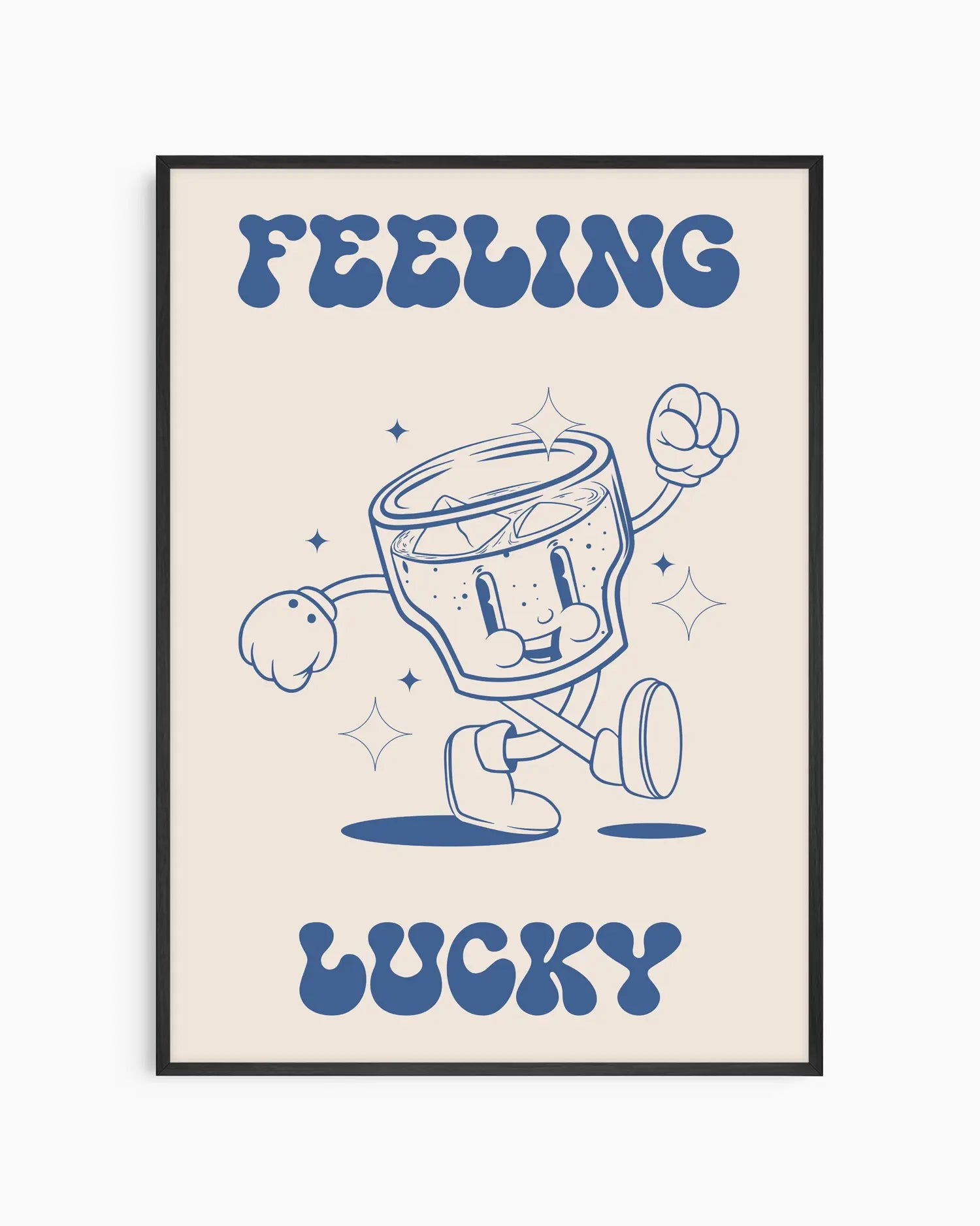 Inramad barntavla med retroillustrerad glad drinkfigur och texten "Feeling Lucky", omgiven av en svart träram som ger ett modernt uttryck.