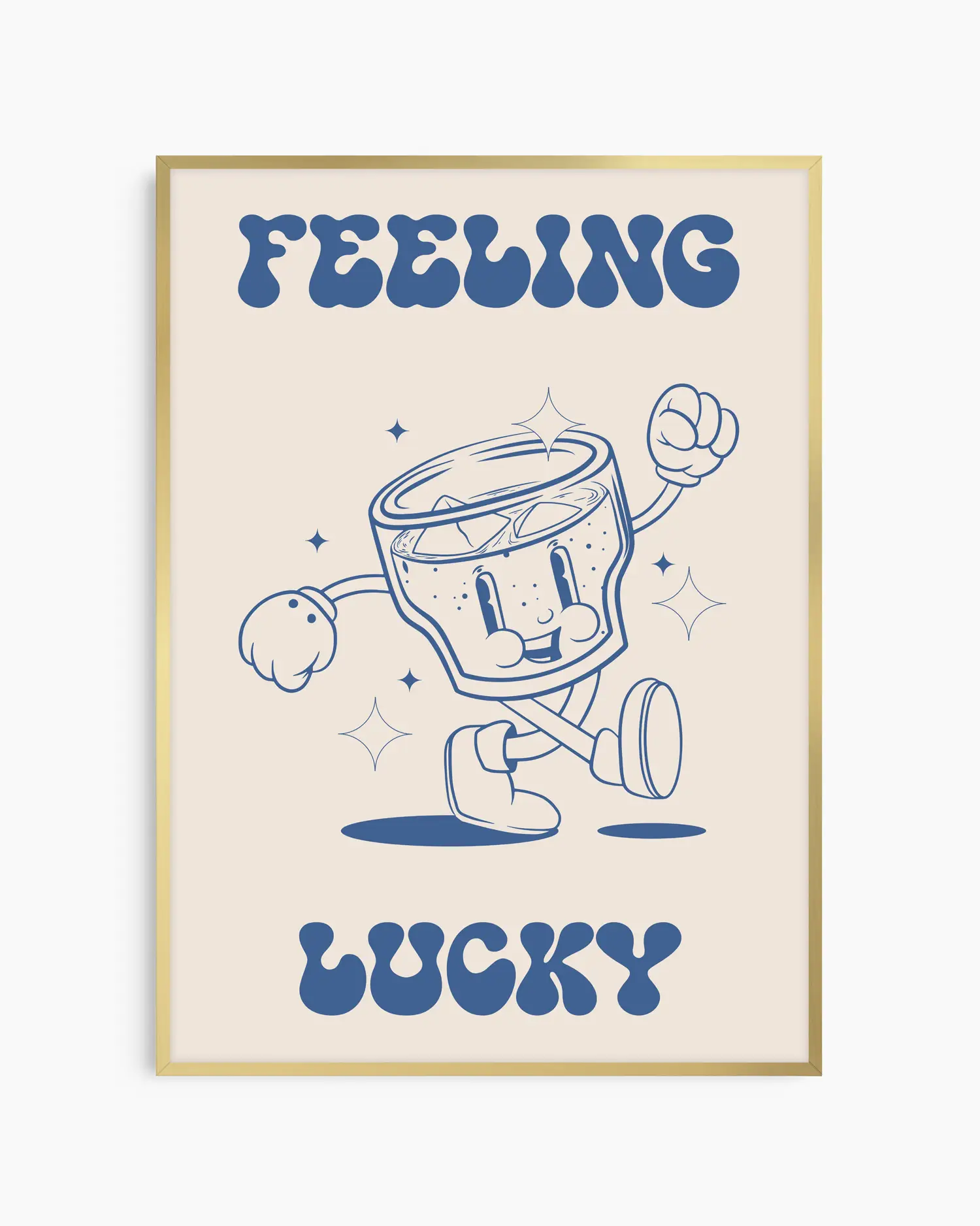 Barntavla med illustrerad drinkfigur i blå toner och texten "Feeling Lucky", inramad i guld aluminiumram för en elegant kontrast.