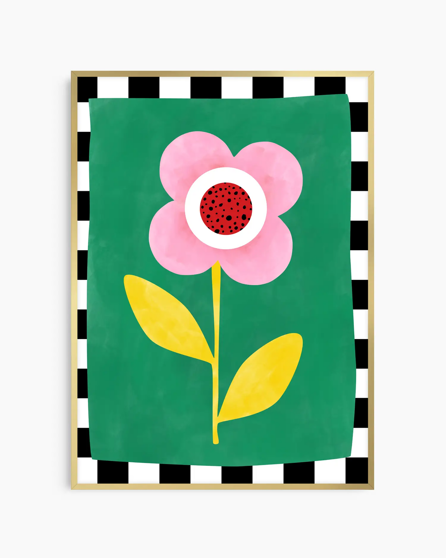 Barnrumstavla med rosa blomma med rött mitt och gula blad mot grön bakgrund med svartvit ruta runt, inramad i guld aluminiumram. En elegant och färgglad poster.