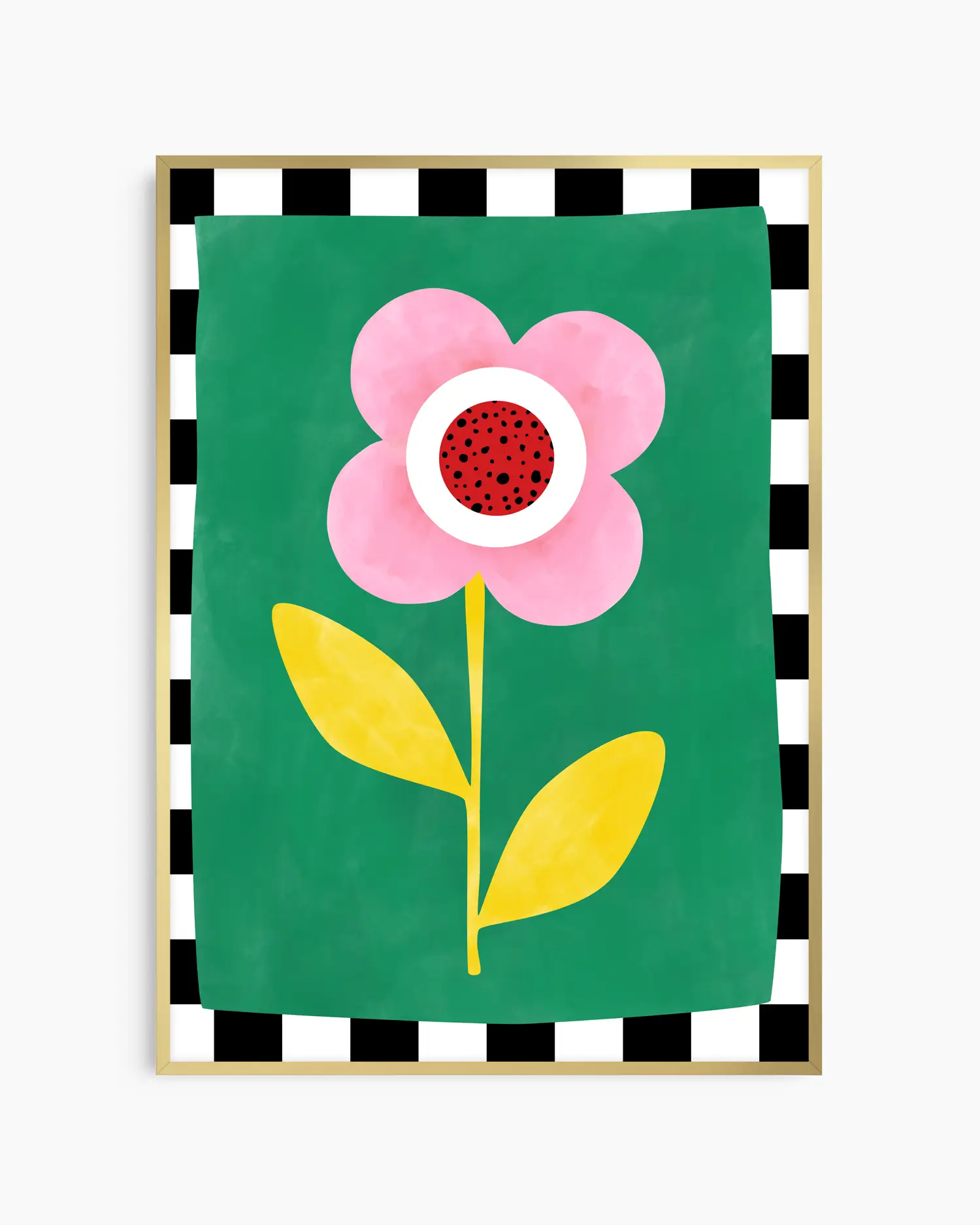 Barnrumstavla med rosa blomma med rött mitt och gula blad mot grön bakgrund med svartvit ruta runt, inramad i guld aluminiumram. En elegant och färgglad poster.
