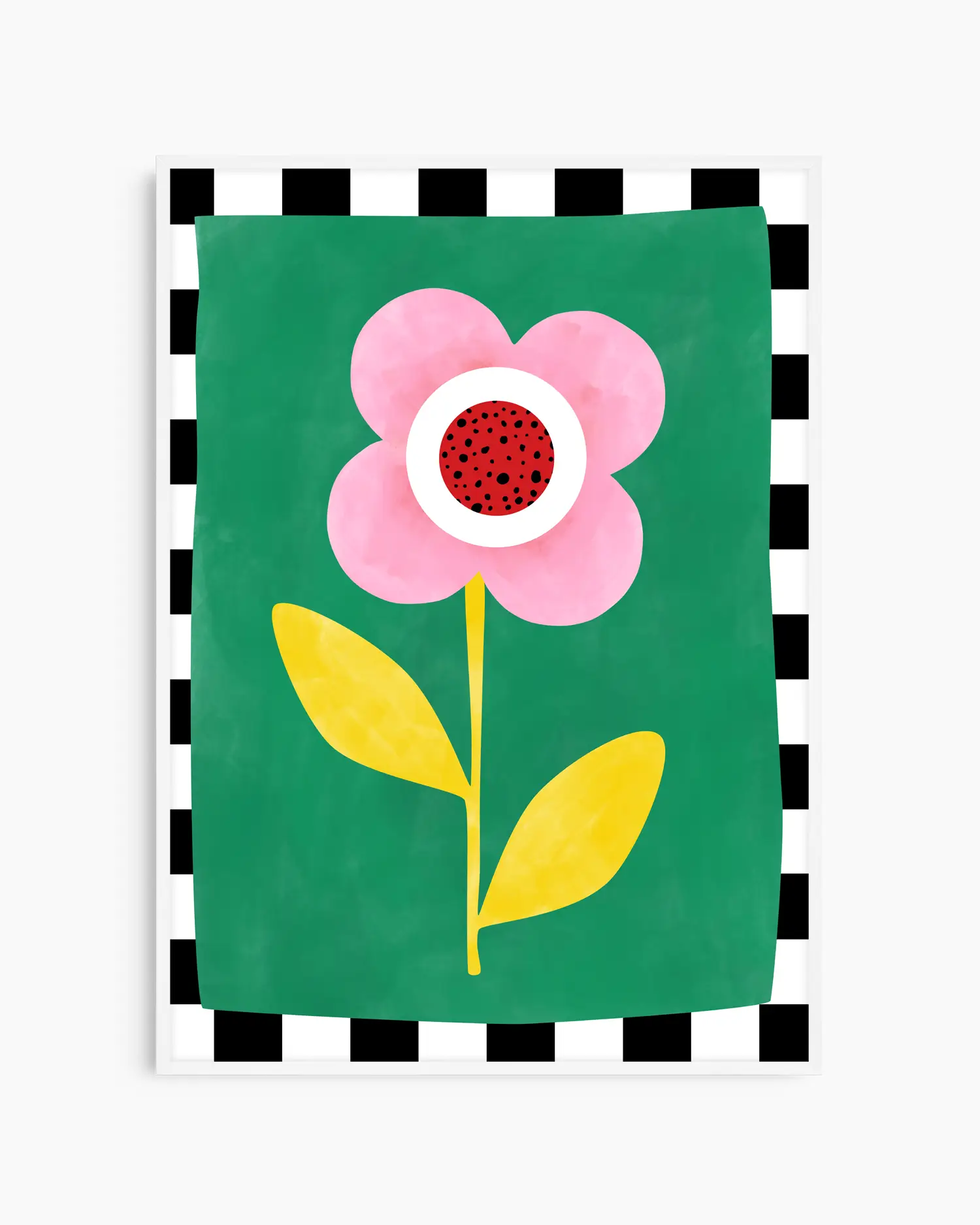 Barnrumstavla med rosa blomma, röd mittpunkt och gula blad på grön bakgrund med svartvitt rutmönster, inramad i vit träram. En ljus och glad illustration.