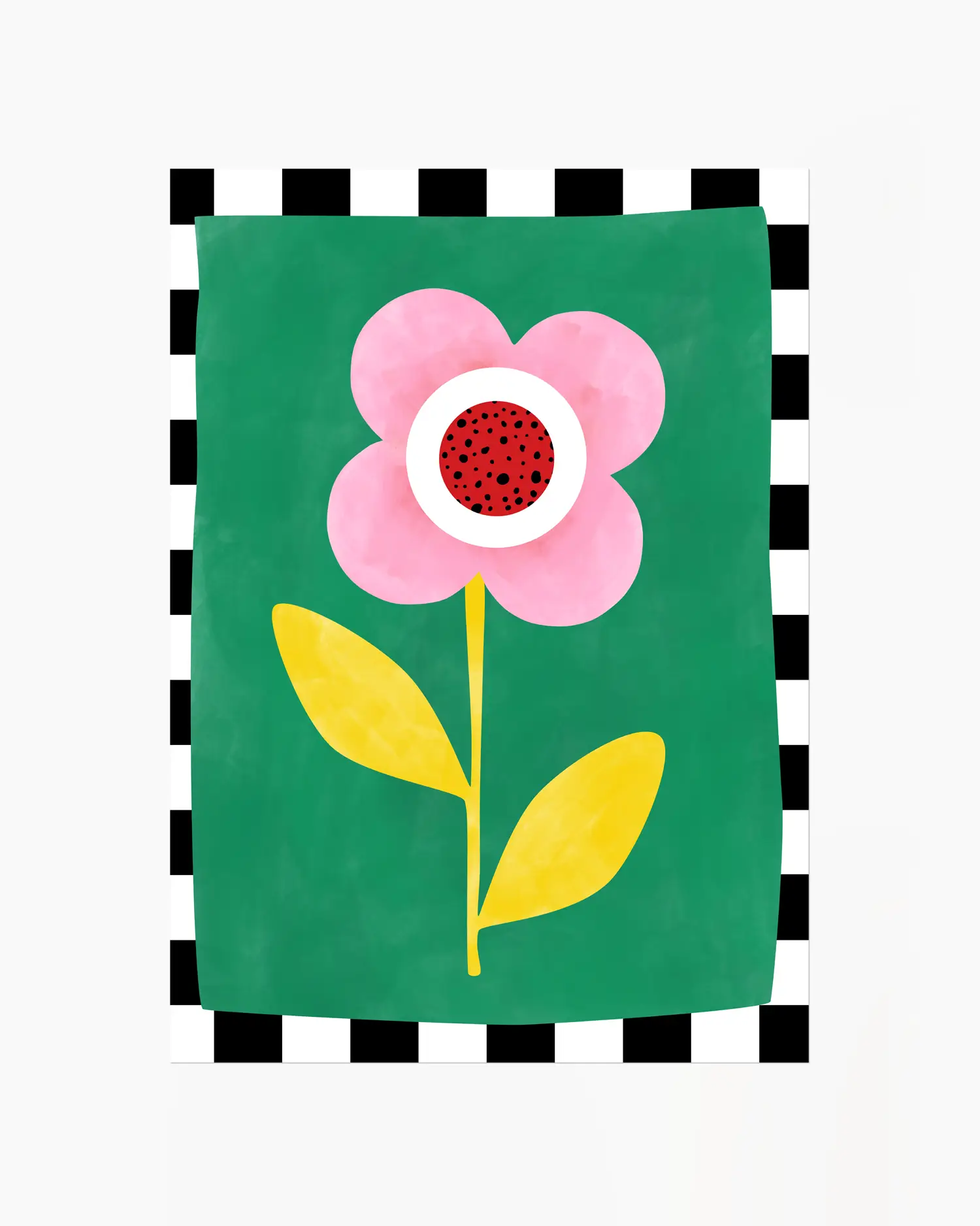 Barnrumstavla med rosa blomma med rött centrum och gula blad på grön bakgrund, omgiven av svartvit rutkant. En färgglad och lekfull poster.