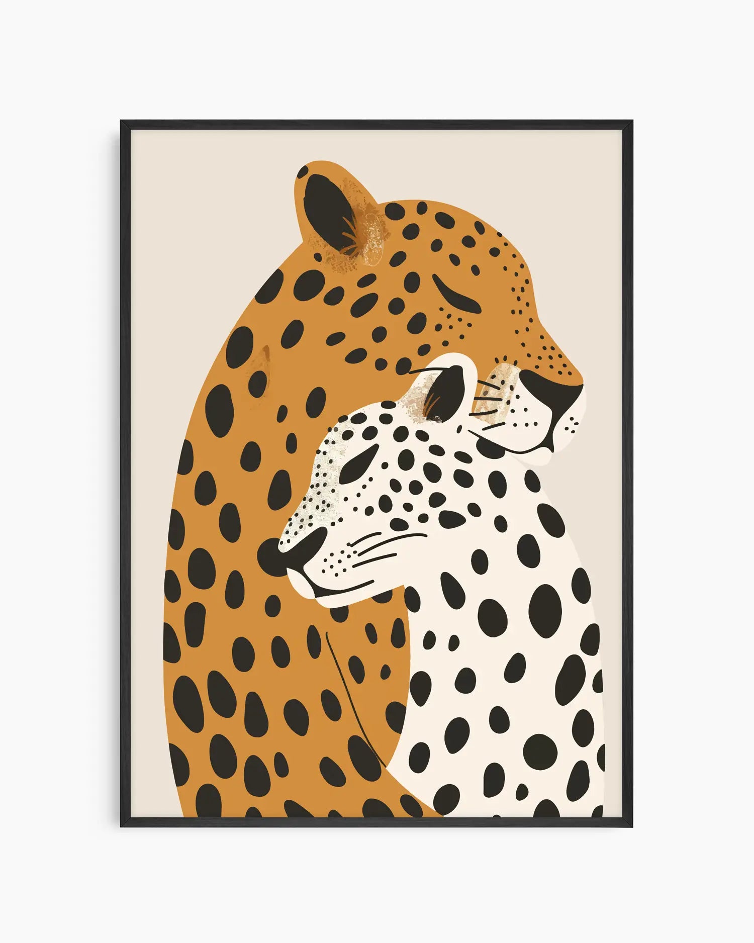 Barntavla med två leoparder, inramad i svart träram. En stilren kontrast som betonar de grafiska formerna och gör motivet till ett blickfång.