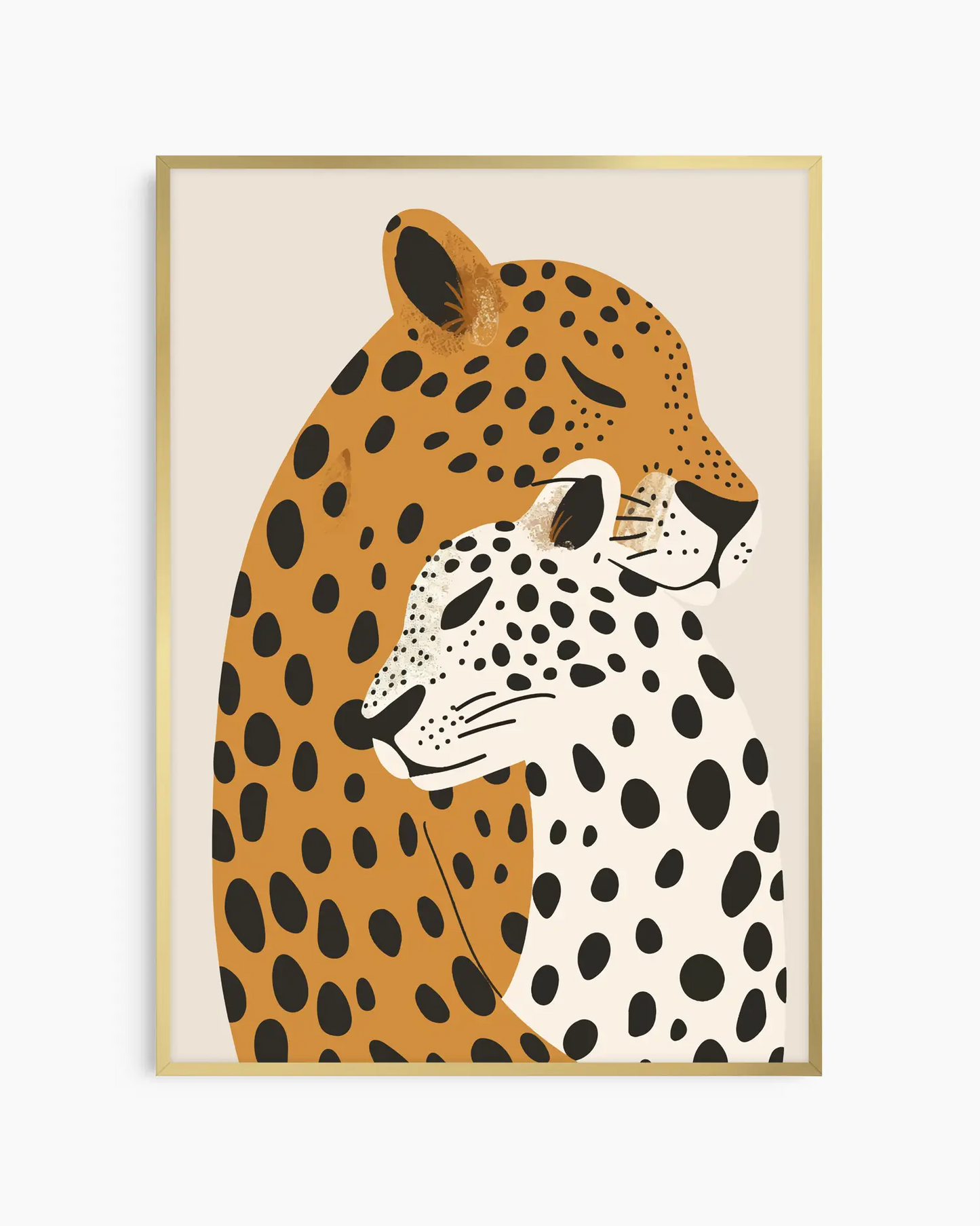 Leopardmotiv inramat i guld aluminiumram. Den gyllene tonen adderar värme och elegans, perfekt för ett barnrum med mjuk färgskala.