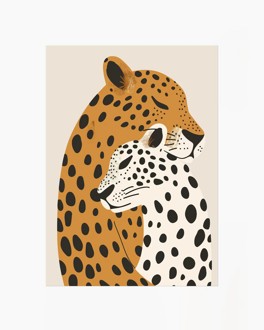 Barntavla med motiv av två leoparder i varm färgskala av beige, brunt och svart. En kärleksfull illustration som symboliserar trygghet och närhet.