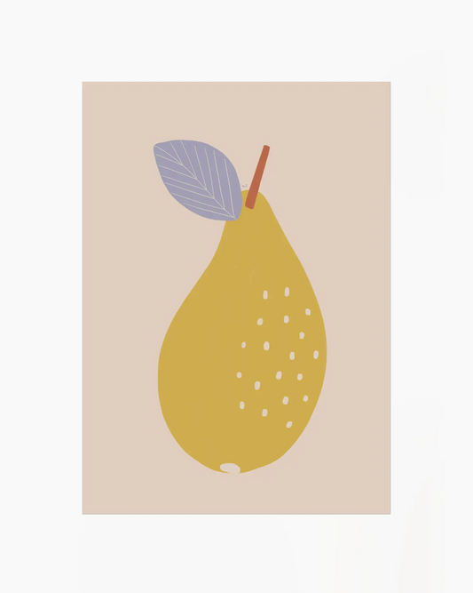 Barntavla med illustrerat gult päron och lila blad mot beige bakgrund, i en enkel och modern stil.
