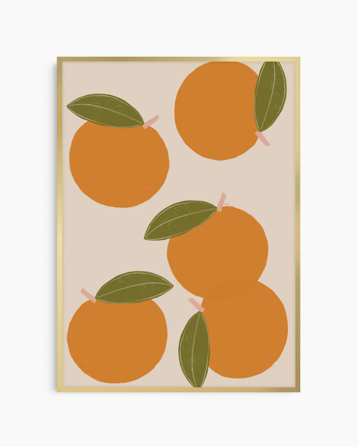 Barntavla med apelsiner och gröna blad, inramad i guld aluminiumram som ger en elegant glans och lyfter motivets färger.