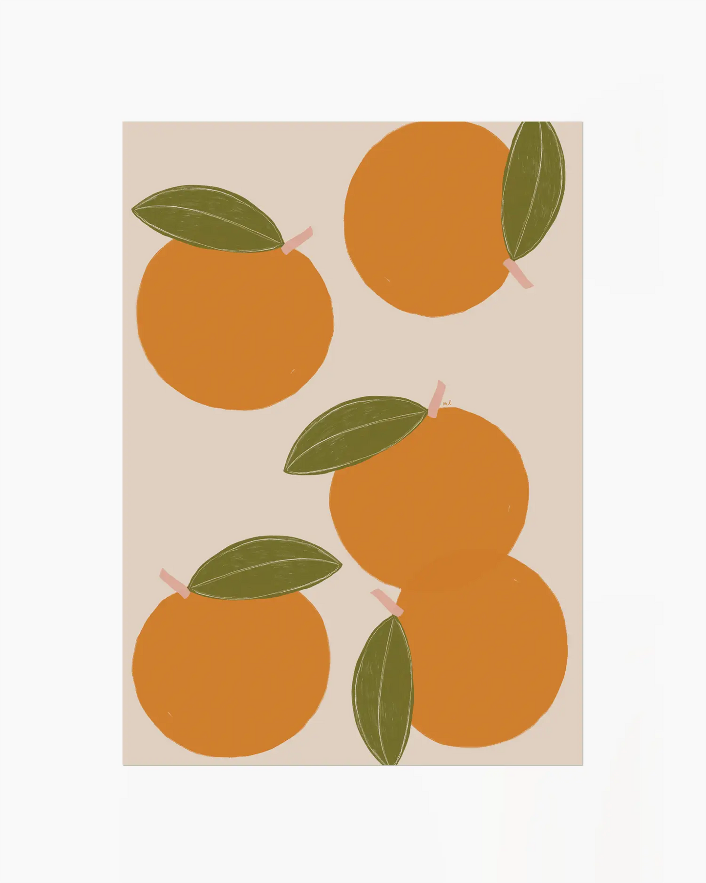Barntavla med stora illustrerade apelsiner och gröna blad mot beige bakgrund, i en mjuk och modern stil.