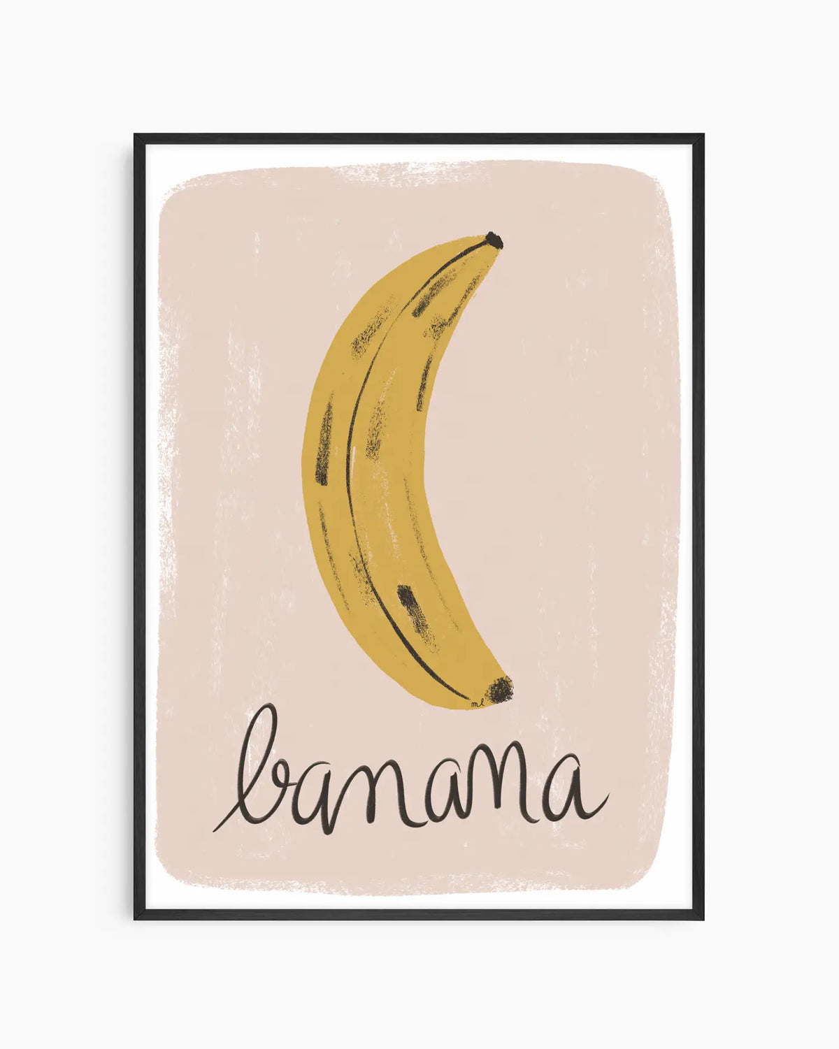 Inramad barntavla med en illustrerad gul banan och texten "banana" mot beige bakgrund, omgiven av en svart träram som ger ett modernt och tydligt uttryck.