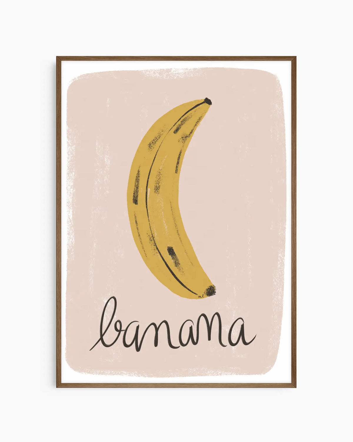 Barntavla med lekfull bananillustration och texten "banana", inramad i mörk ekram som tillför värme och kontrast.