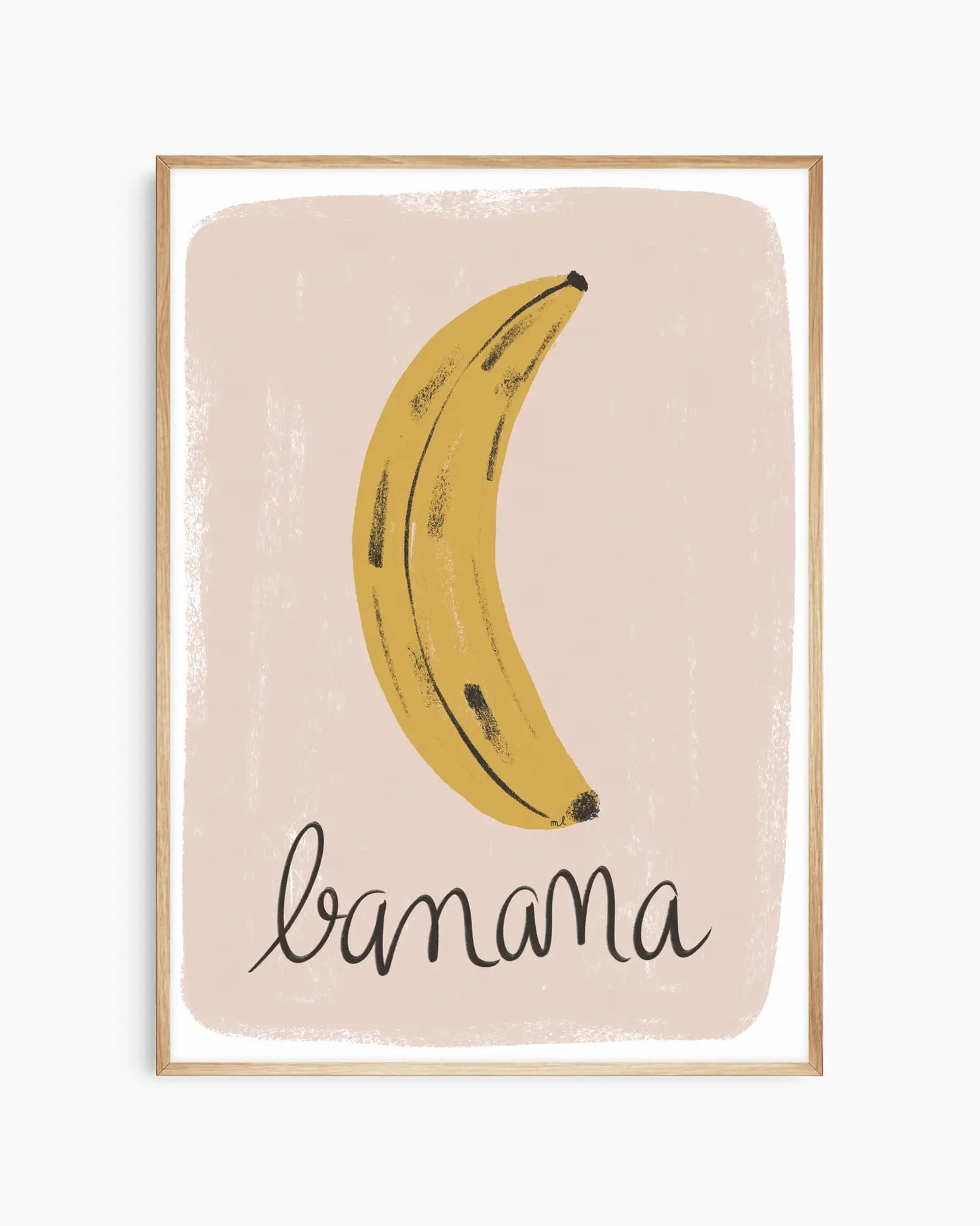 Barntavla med bananillustration och mjuk beige bakgrund, inramad i ekram som skapar ett harmoniskt och naturligt uttryck.