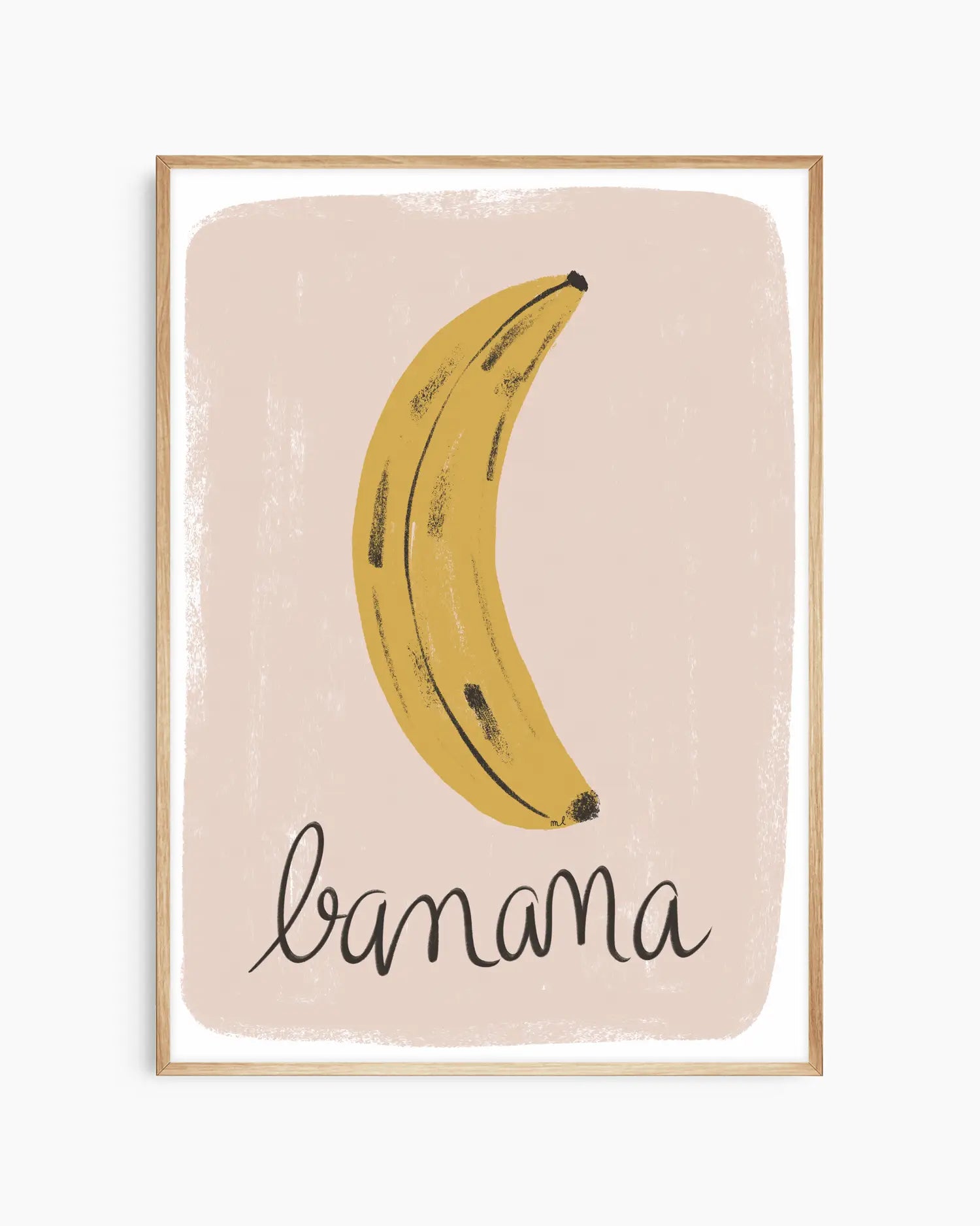 Barntavla med bananillustration och mjuk beige bakgrund, inramad i ekram som skapar ett harmoniskt och naturligt uttryck.