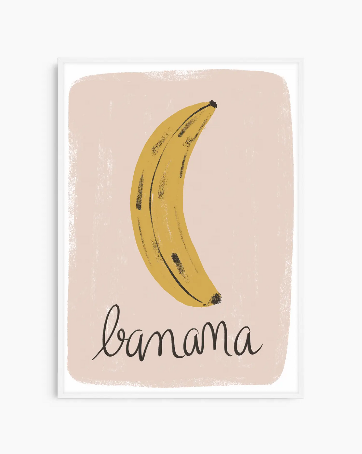 Barntavla med gul banan och texten "banana", inramad i vit träram som framhäver de ljusa och lekfulla tonerna.
