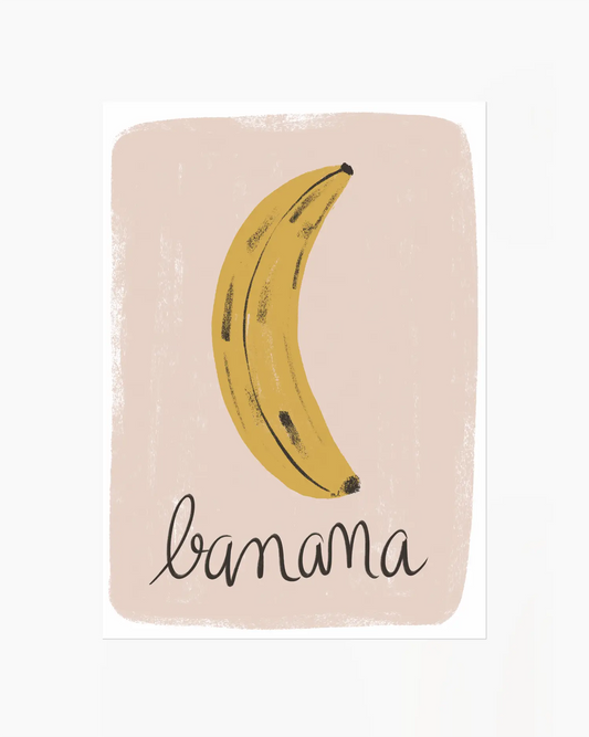 Barntavla med en gul banan och handskriven text mot beige bakgrund, i en mjuk och lekfull stil.