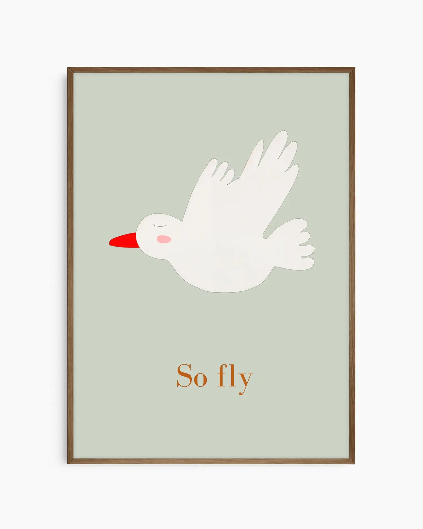 Framed artwork with a white bird illustration and 'So fly' text on a light green background