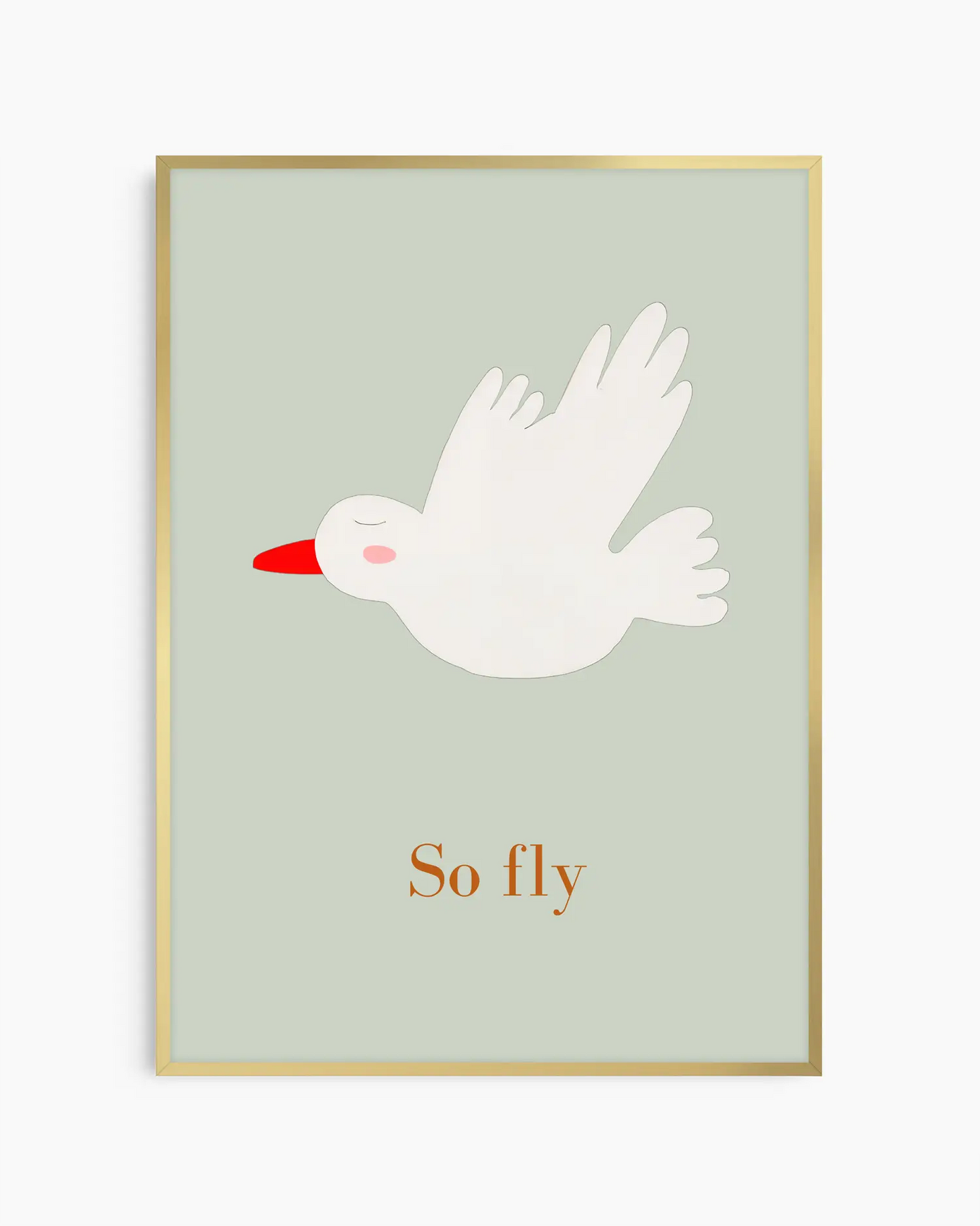 Framed artwork with a white bird illustration and 'So fly' text on a light green background
