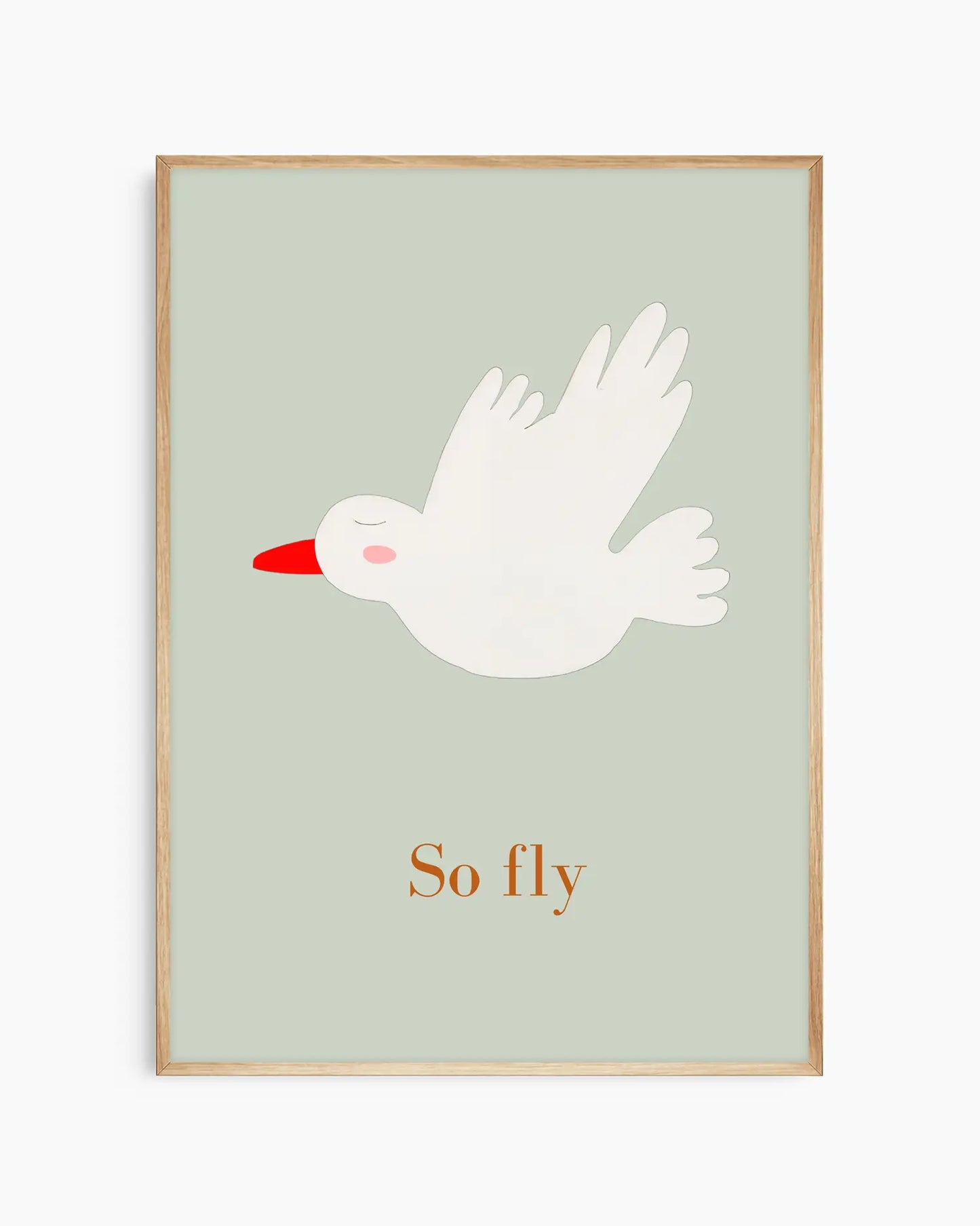 Framed artwork with a white bird illustration and 'So fly' text on a light green background