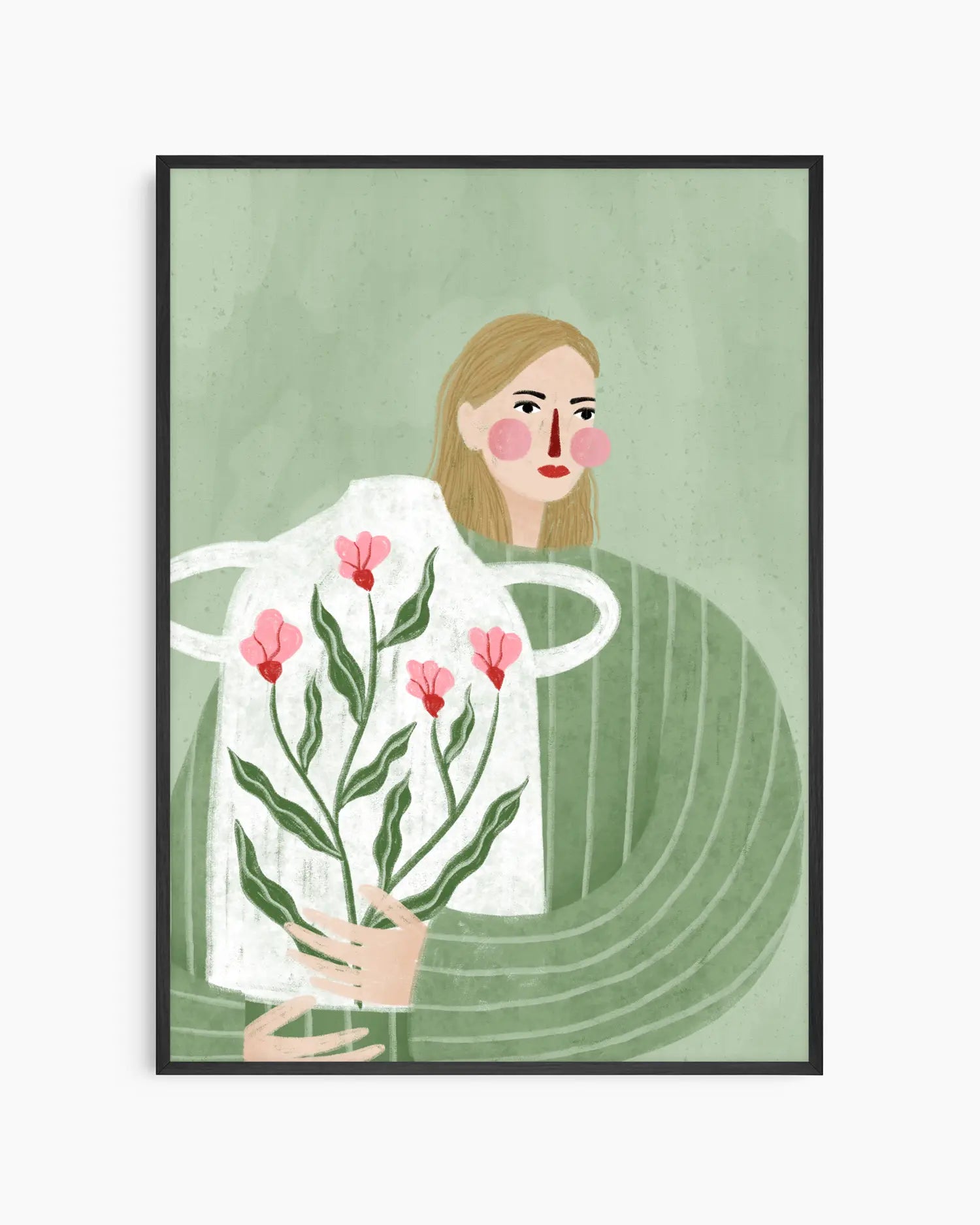 Barnrumstavla med illustration av en person med blont hår som håller en stor vit vas med rosa blommor, mot mjuk grön bakgrund, inramad i svart träram. En lugn och poetisk väggdekoration.