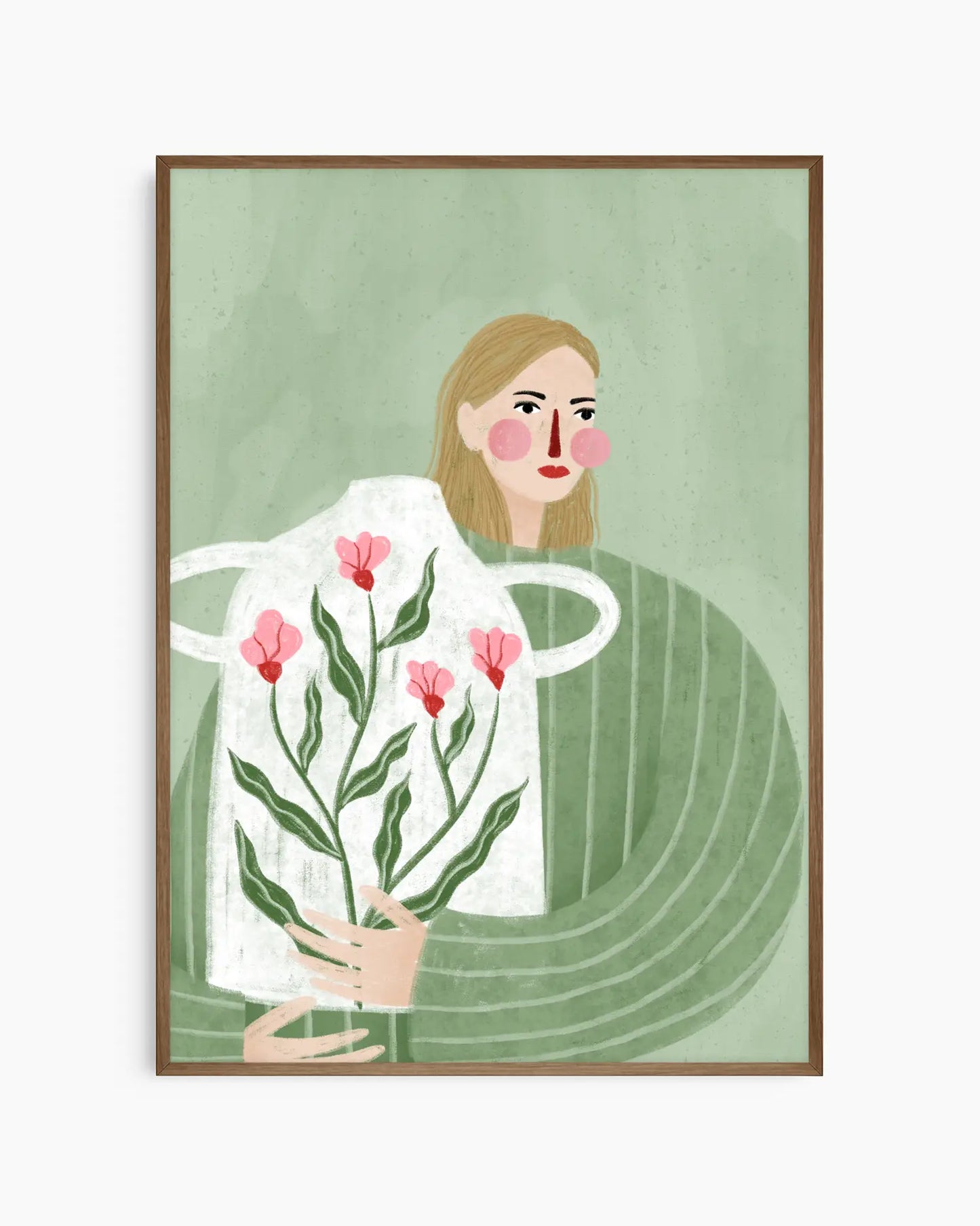 Barnrumstavla med person i grön tröja som håller en vit vas fylld med rosa blommor, inramad i mörk ekram. En varm och harmonisk illustration.