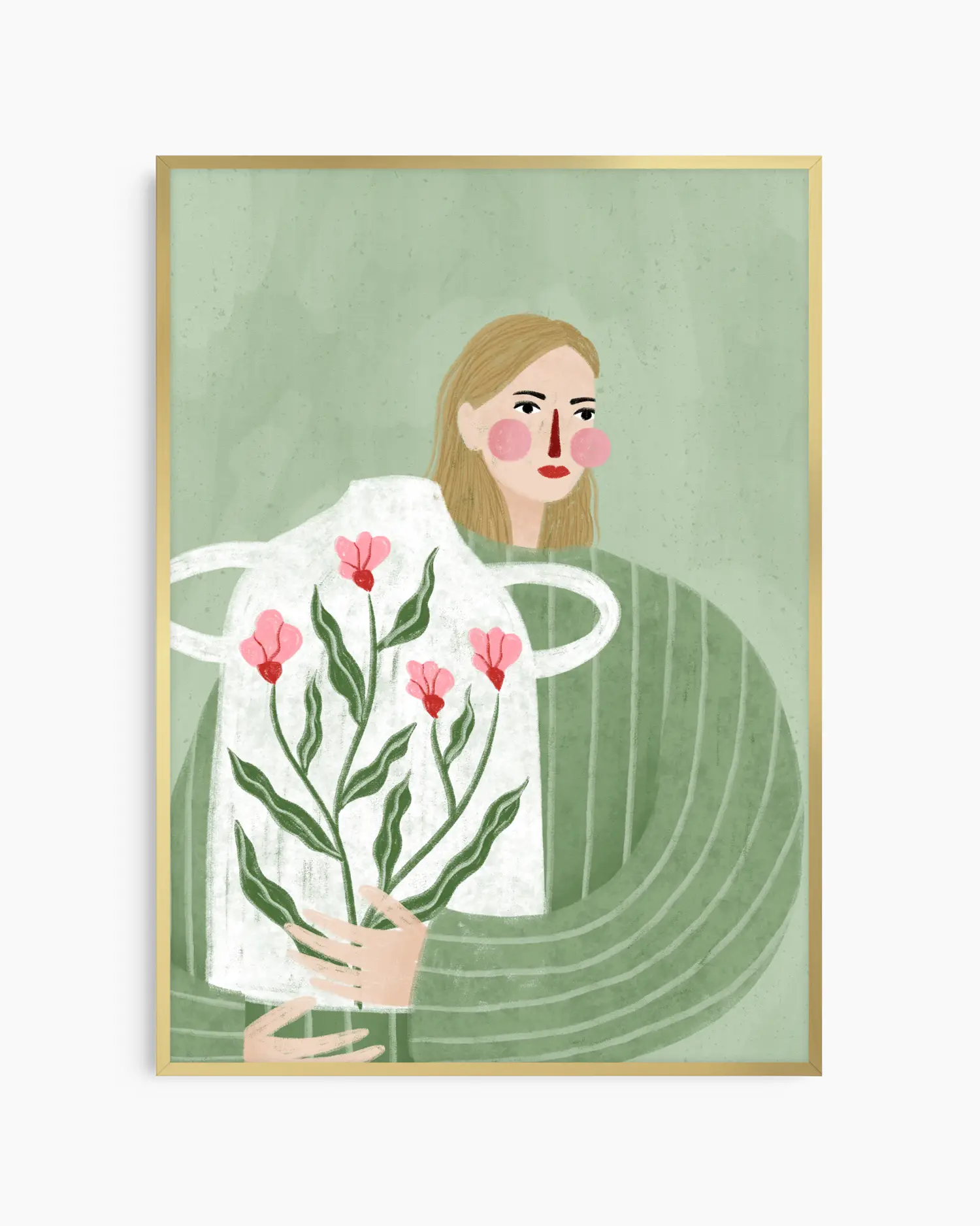 Barnrumstavla med illustration av person och stor vit vas med rosa blommor, mot grön bakgrund, inramad i guld aluminiumram. En elegant och mjuk dekoration.