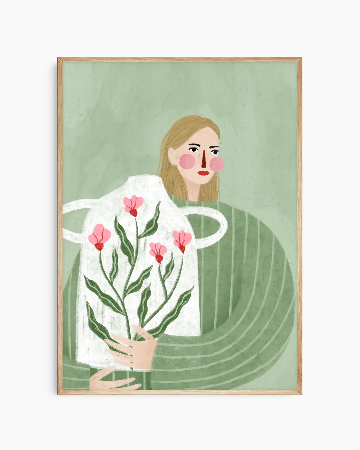 Barnrumstavla med person som håller en stor vit blomvas med rosa blommor, framför mjuk grön bakgrund, inramad i ekram. En stillsam och charmig illustration.