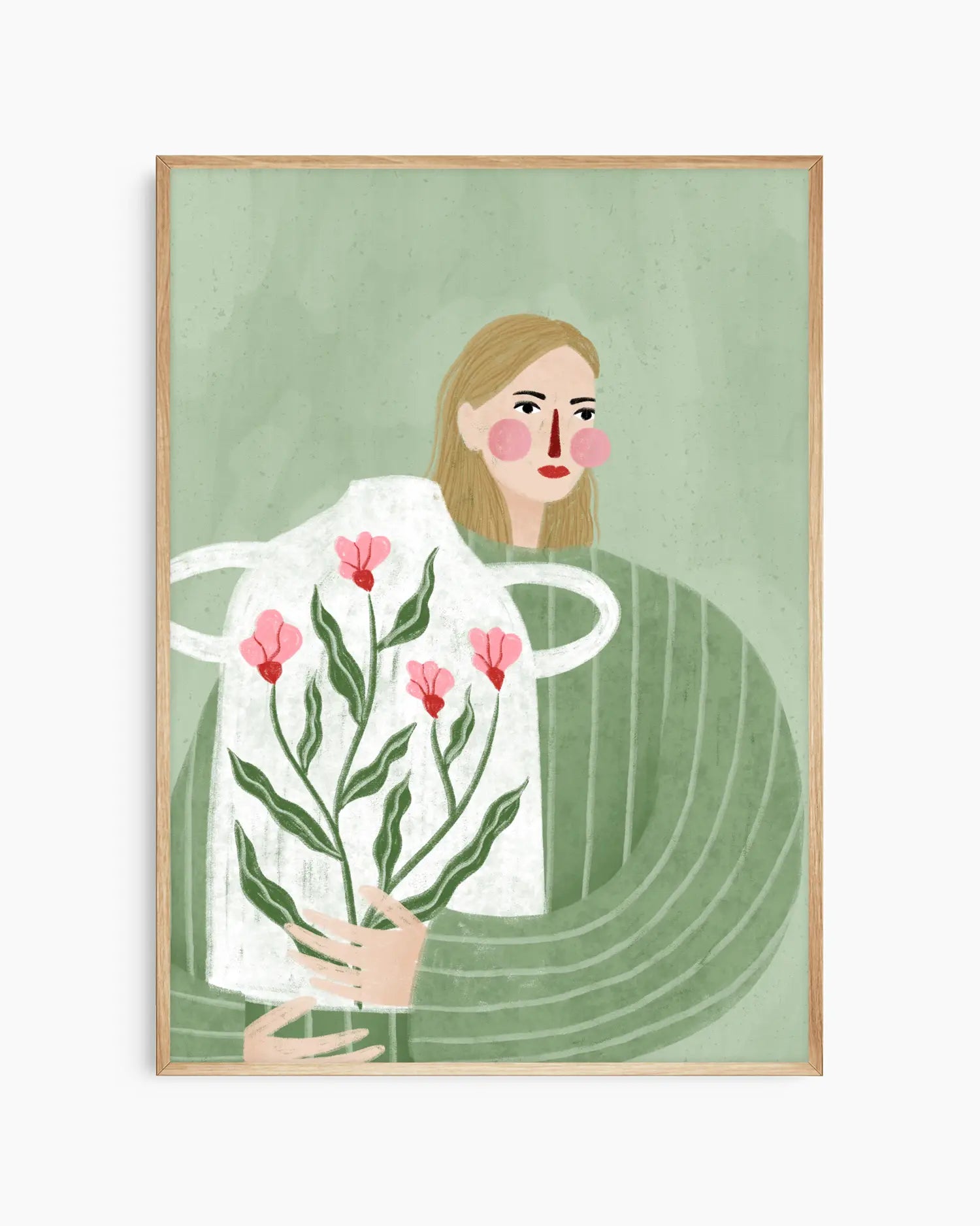 Barnrumstavla med person som håller en stor vit blomvas med rosa blommor, framför mjuk grön bakgrund, inramad i ekram. En stillsam och charmig illustration.