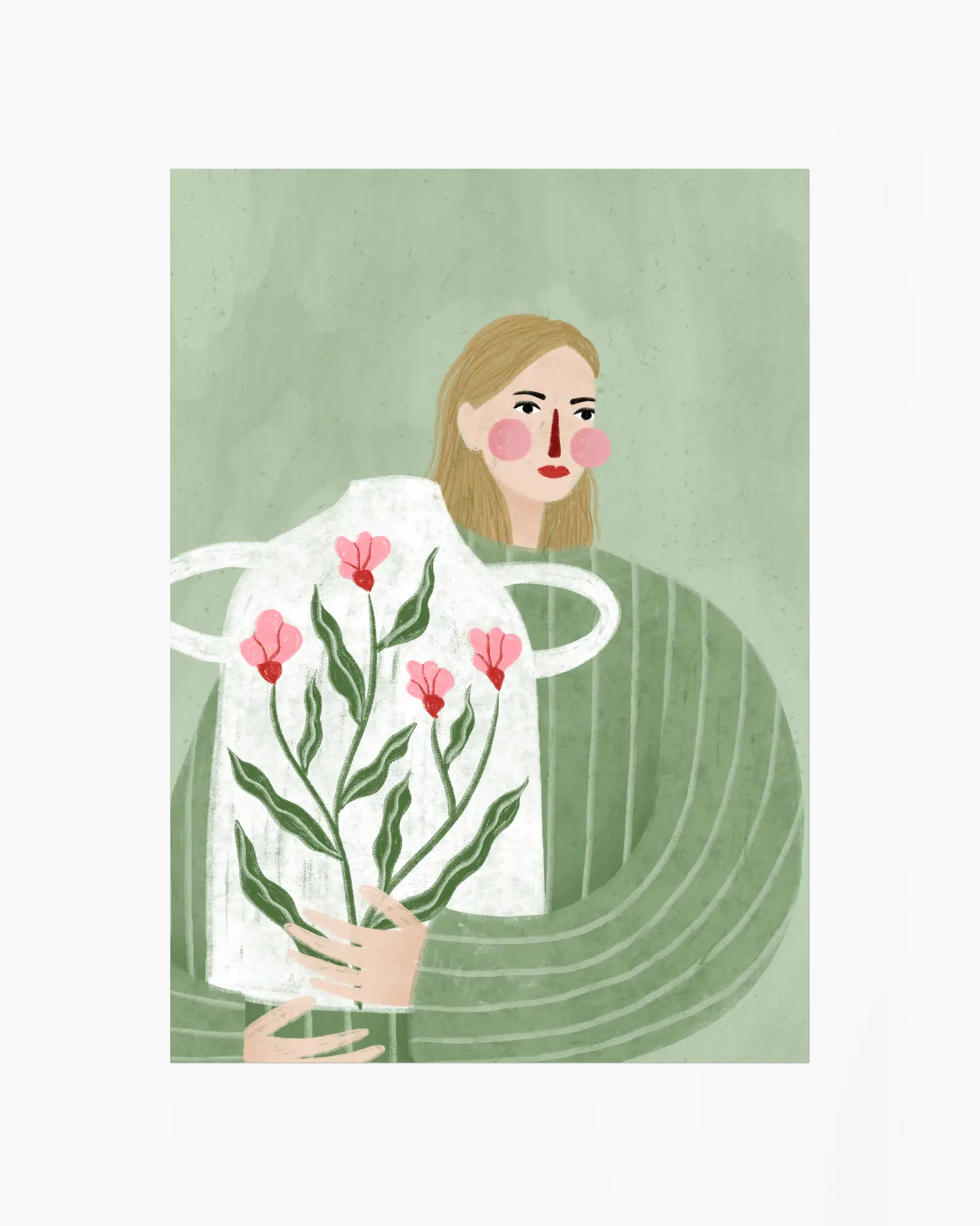 Barnrumstavla med illustration av en person som håller en stor vit vas med rosa blommor, mot mjuk grön bakgrund. En poetisk och lugn poster.