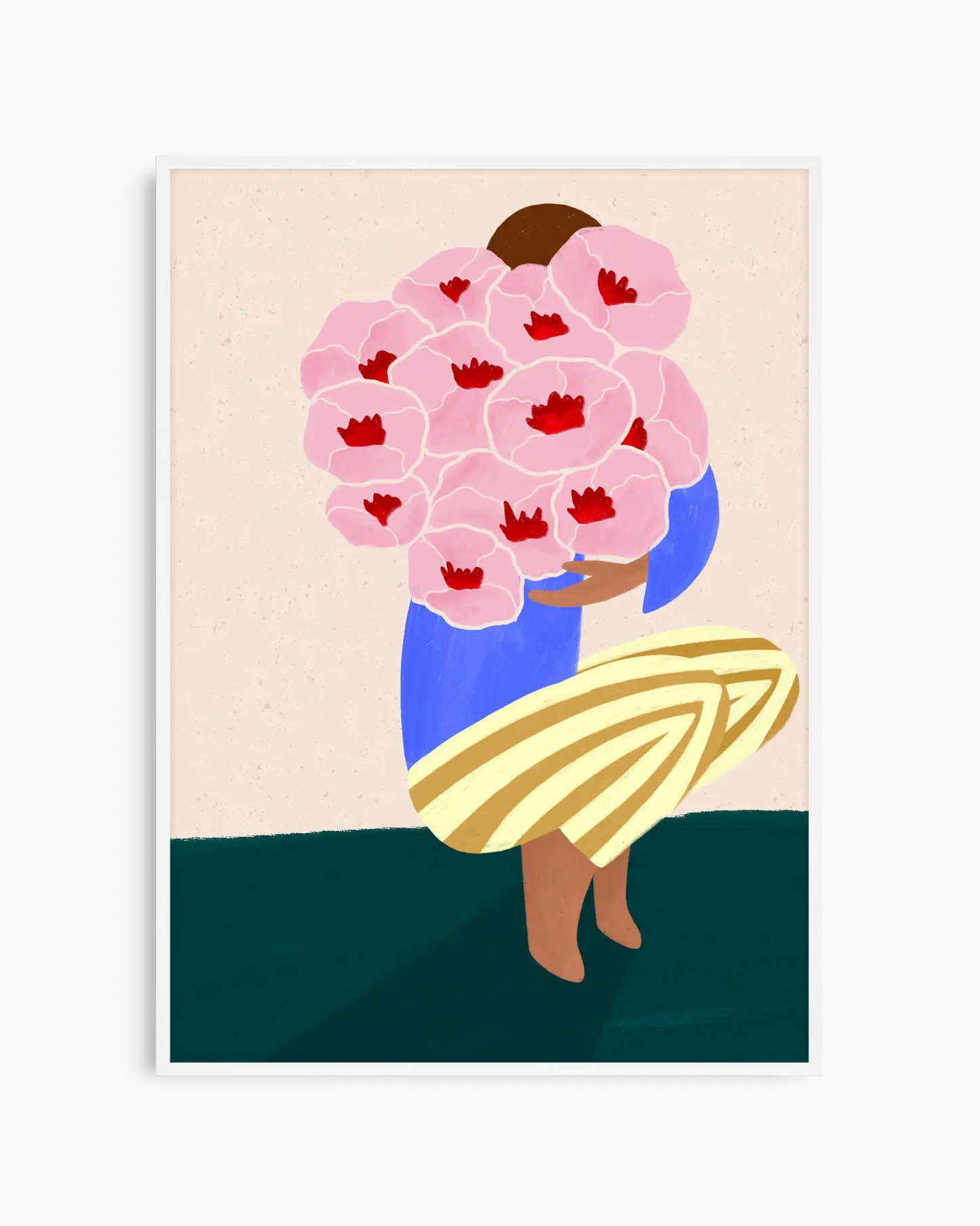 Barnrumstavla med person som håller en stor bukett rosa blommor mot ljus bakgrund, inramad i vit träram. En ljus och mjuk illustration.