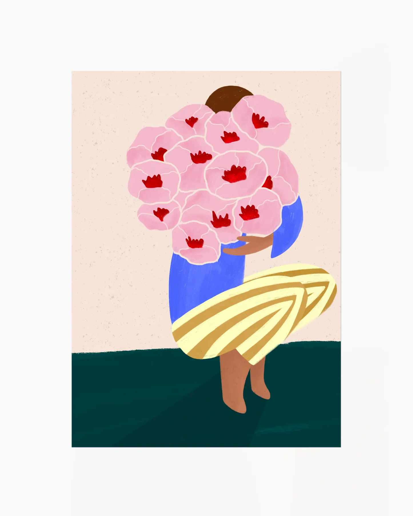 Barnrumstavla med illustration av en person som håller en stor bukett rosa blommor med röda detaljer, mot ljus bakgrund. En varm och poetisk illustration.