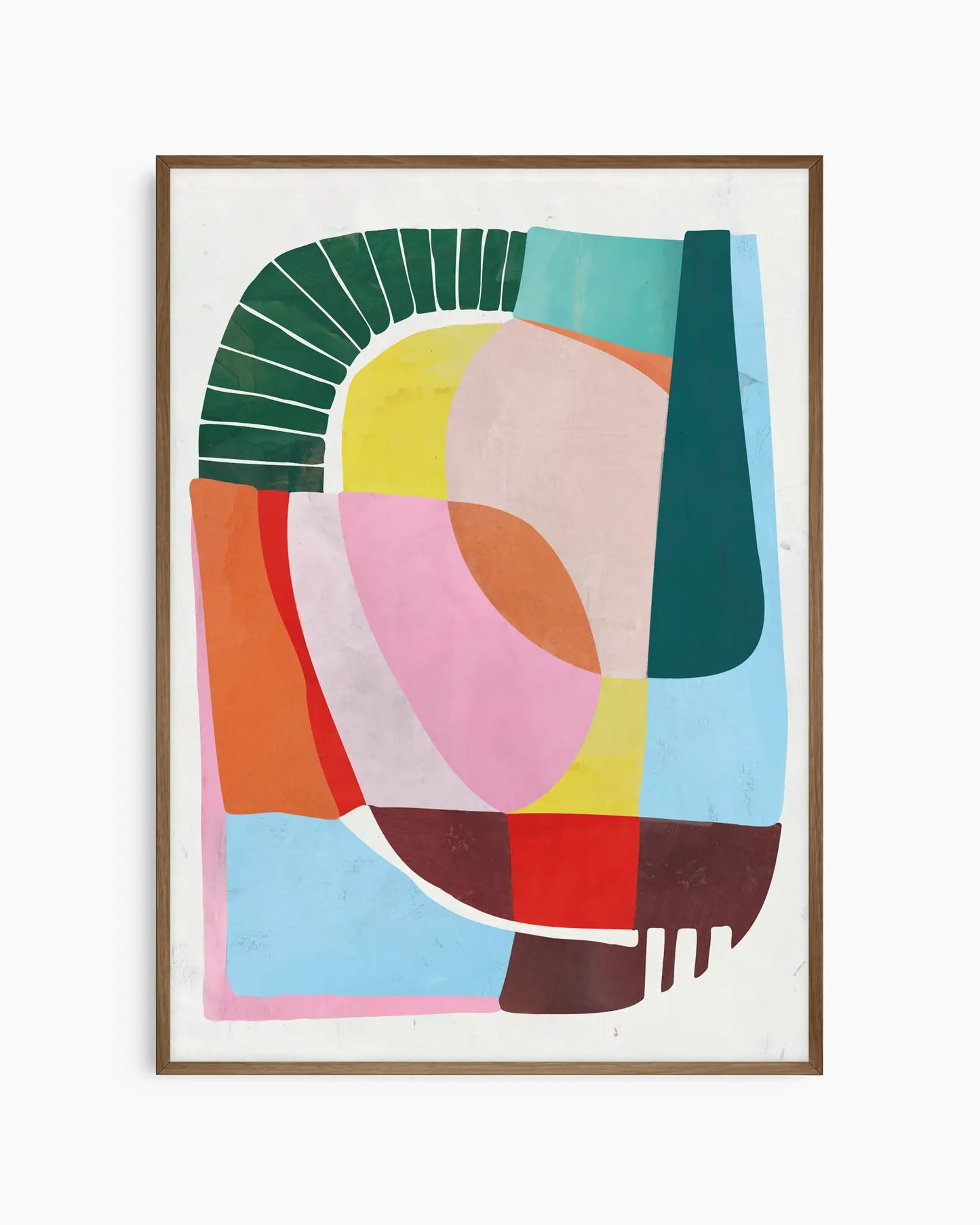 Barnrumstavla med färgstarka geometriska former i flera nyanser mot ljus bakgrund, inramad i mörk ekram. En varm och kreativ illustration.