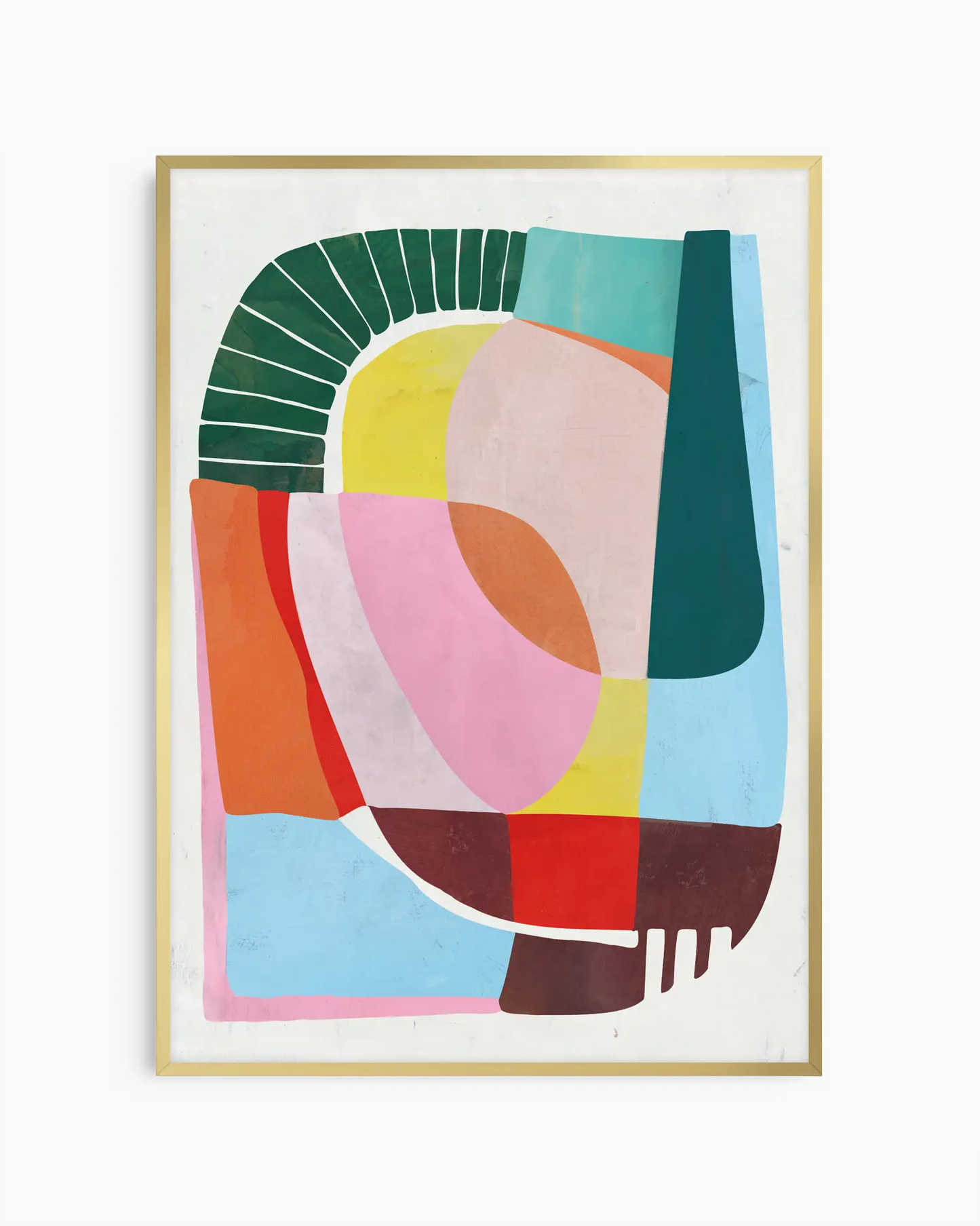 Barnrumstavla med abstrakta färgfält i rosa, grönt, blått, gult och rött, inramad i guld aluminiumram. En elegant och konstnärlig poster.